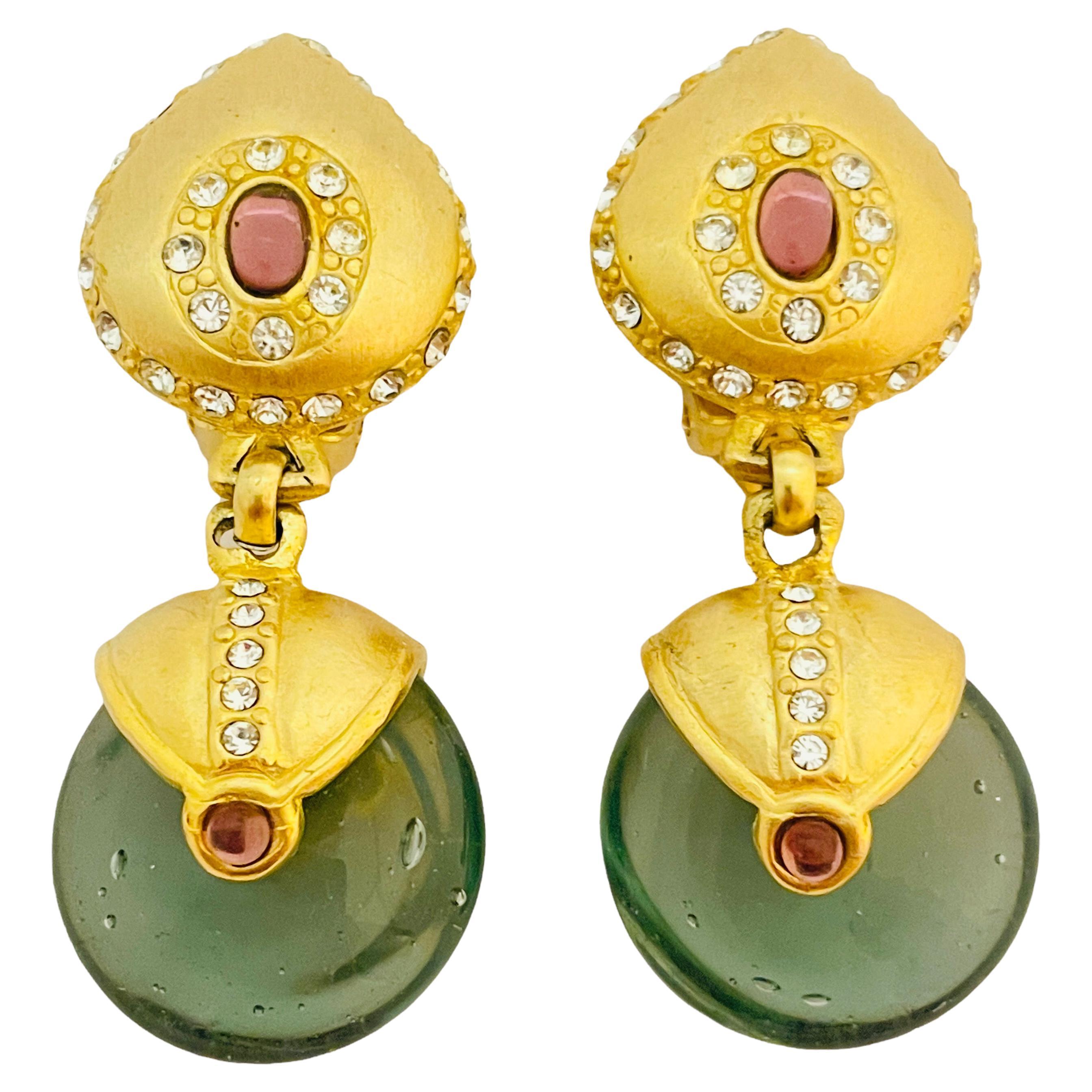Vtg gold rhinestone glass dangle clip on earrings designer runway For Sale