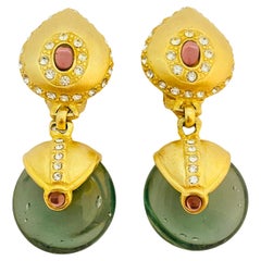 Vtg gold rhinestone glass dangle clip on earrings designer runway