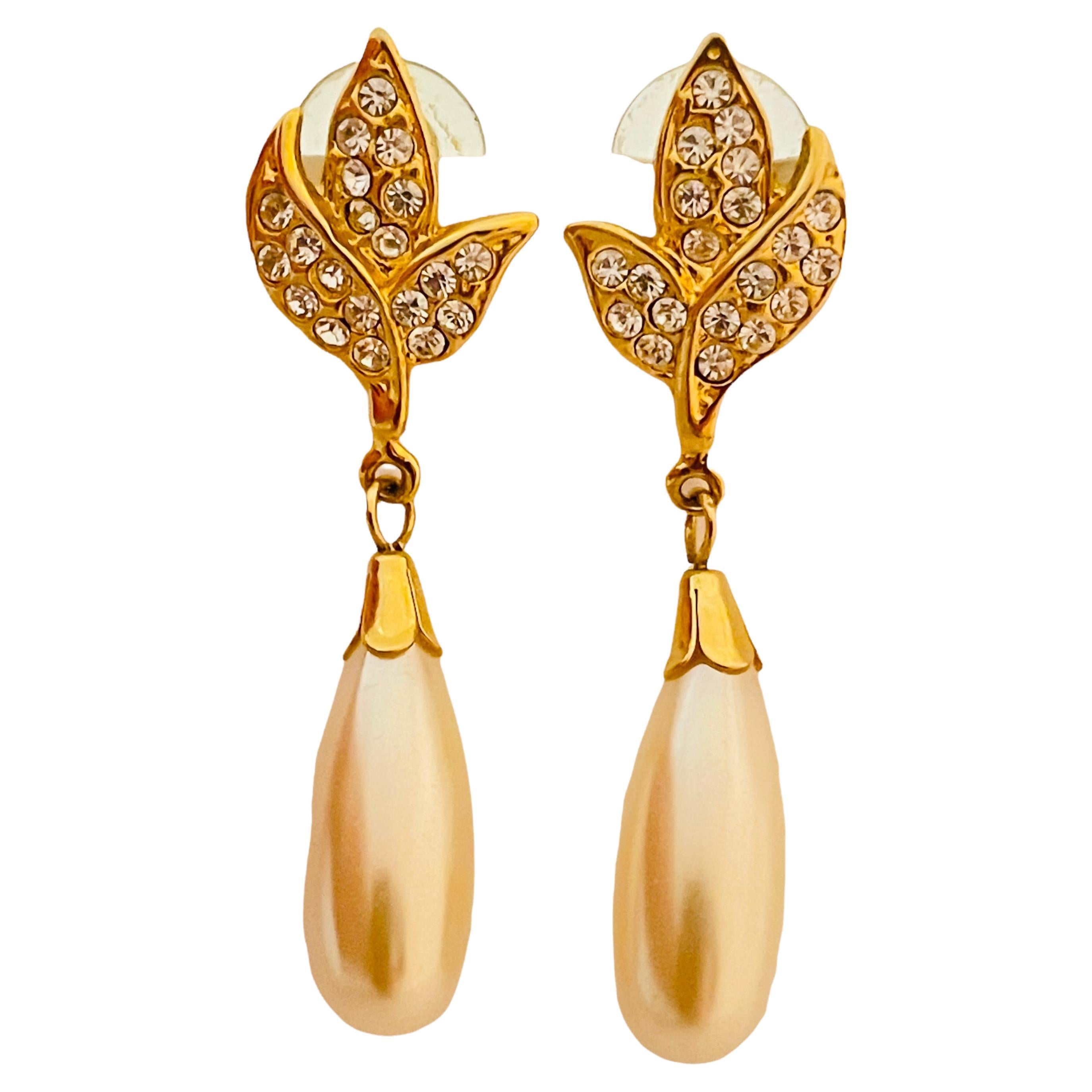 Vtg Gold Strass Perle Tropfen Ohrringe Designer Laufsteg im Angebot