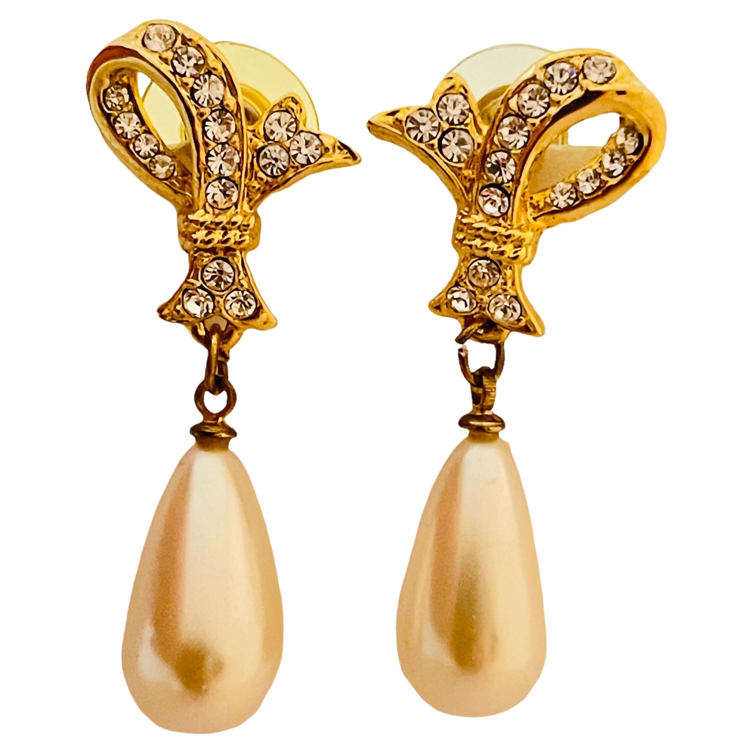 Vtg gold rhinestone pearl drop earrings designer runway For Sale