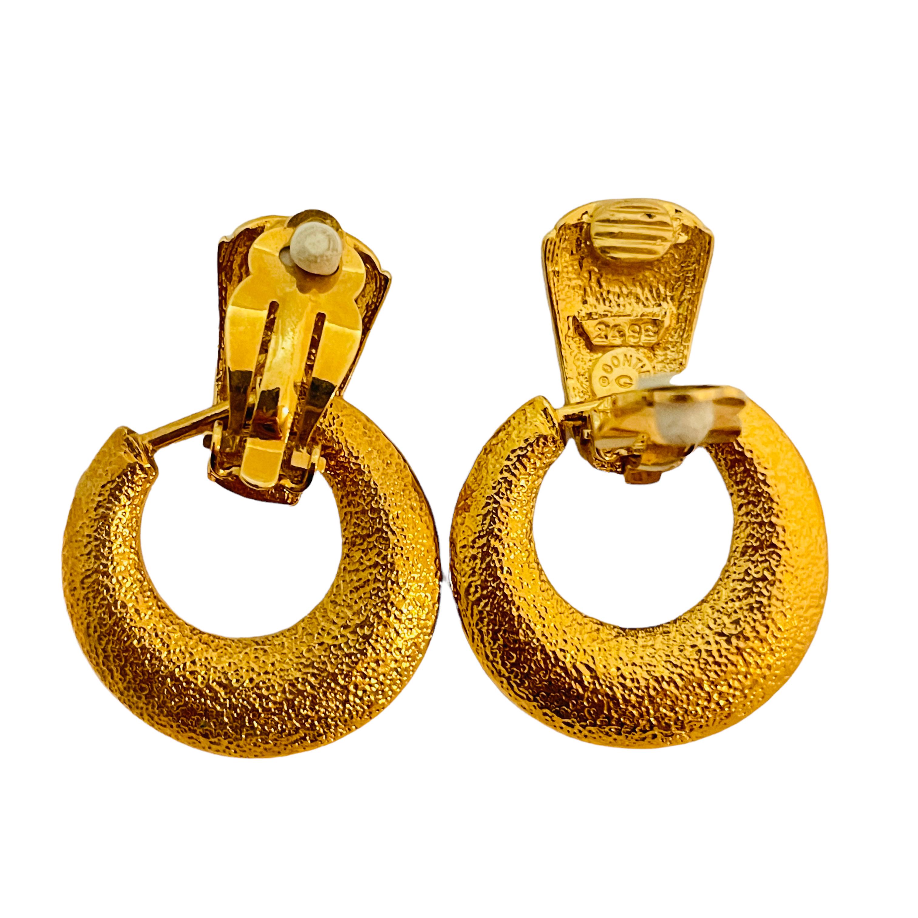 Women's or Men's Vtg GONTIE gold rhinestone door knocker clip on earrings designer runway For Sale