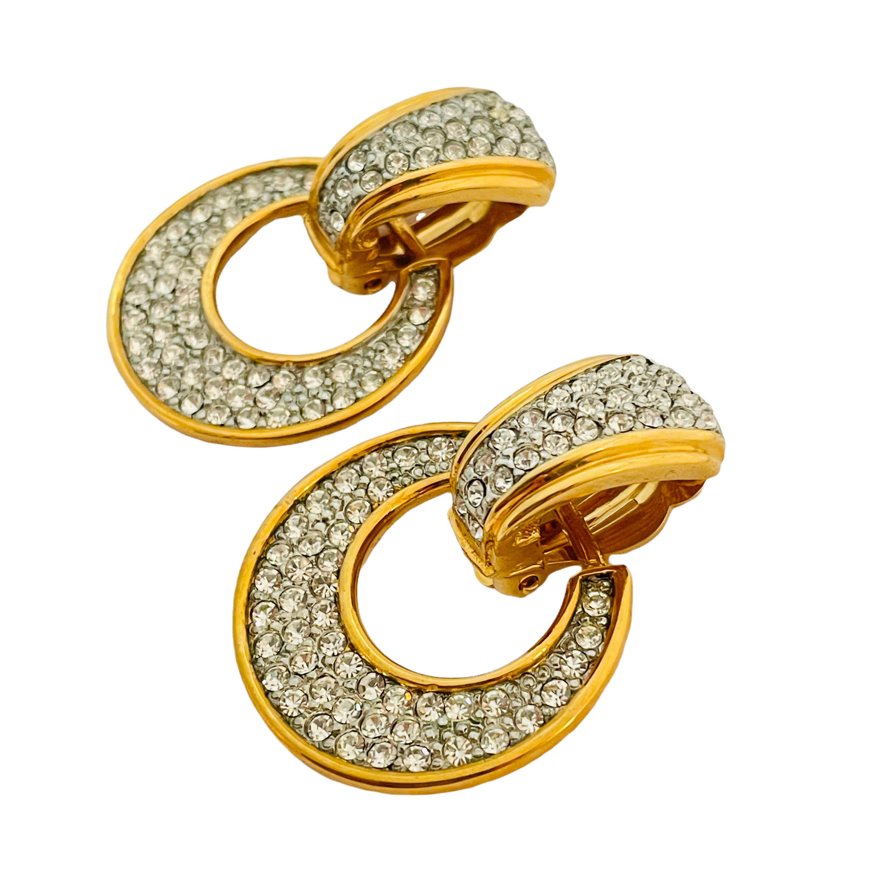 Vtg GONTIE gold rhinestone door knocker clip on earrings designer runway For Sale 1