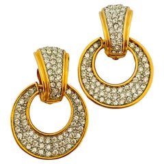 Vtg GONTIE gold rhinestone door knocker clip on earrings designer runway