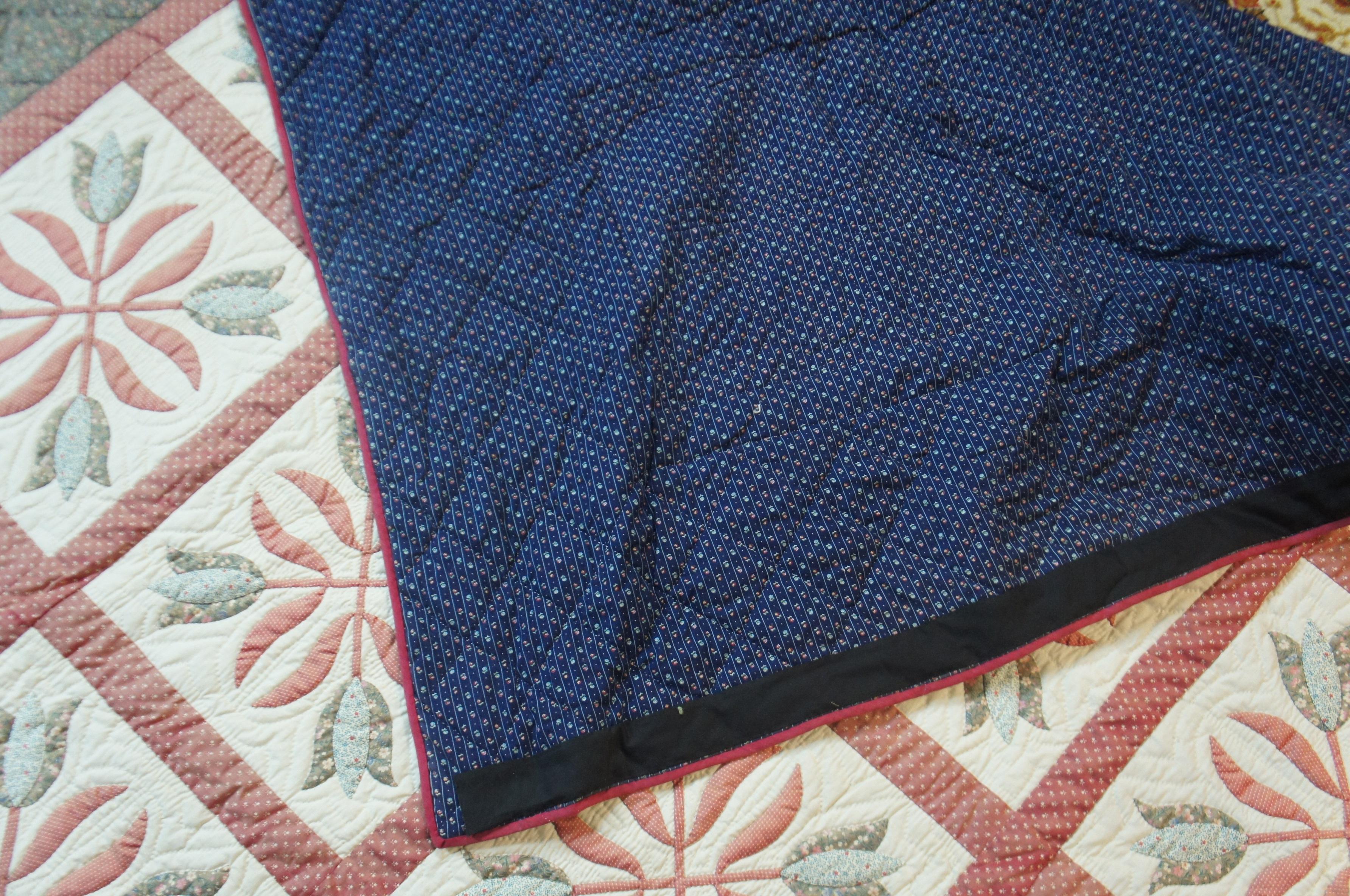 Vtg Hand Stitched Quilt Geometric Folk Art Tulips King Queen Blanket Bedspread For Sale 5