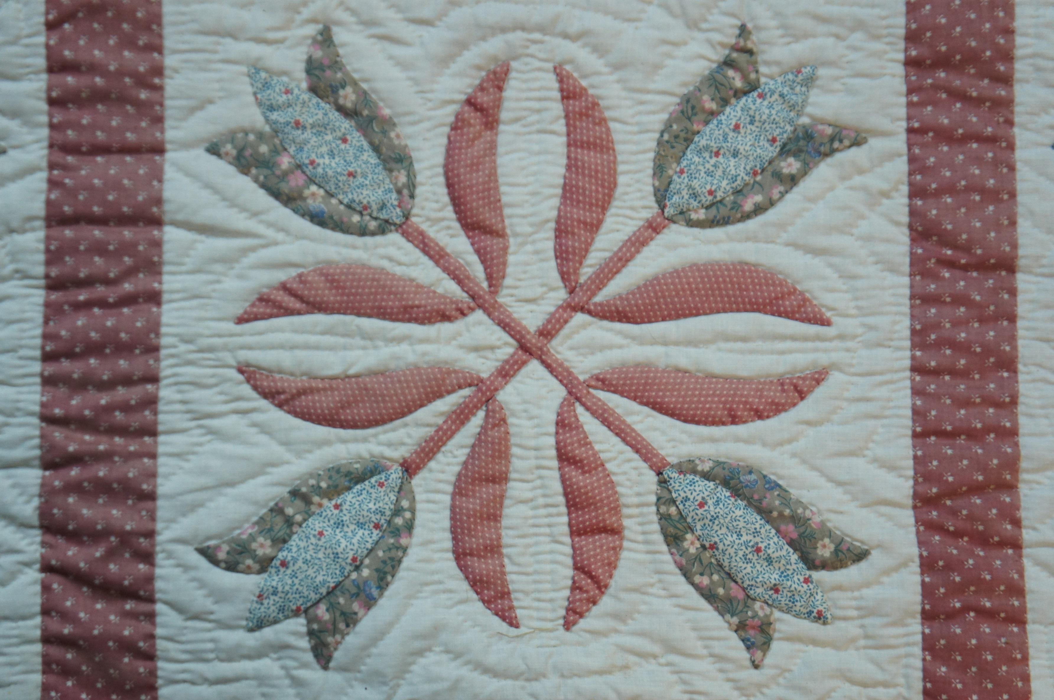 Vtg Hand Stitched Quilt Geometric Folk Art Tulips King Queen Blanket Bedspread For Sale 1