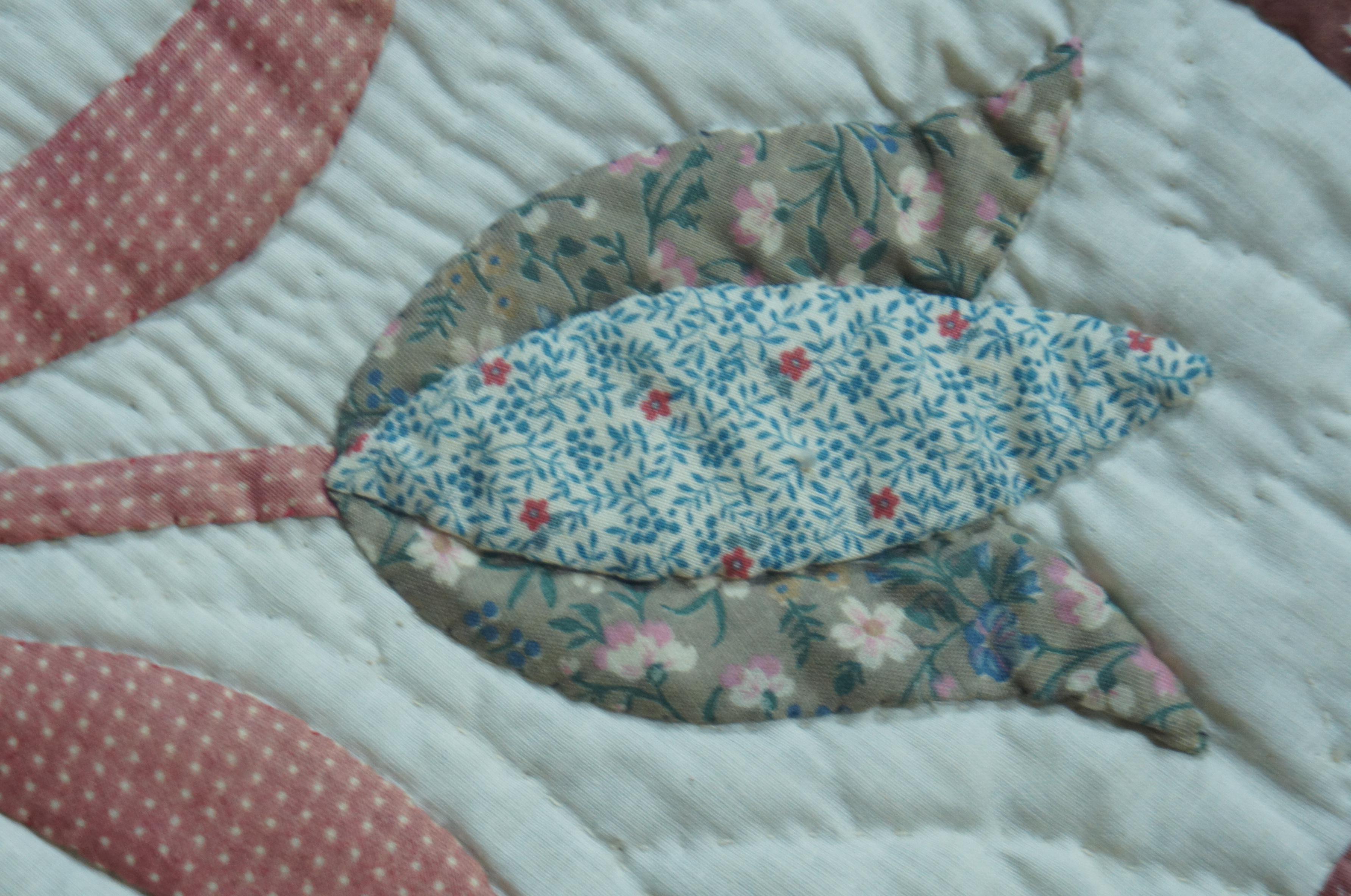 Vtg Hand Stitched Quilt Geometric Folk Art Tulips King Queen Blanket Bedspread For Sale 3