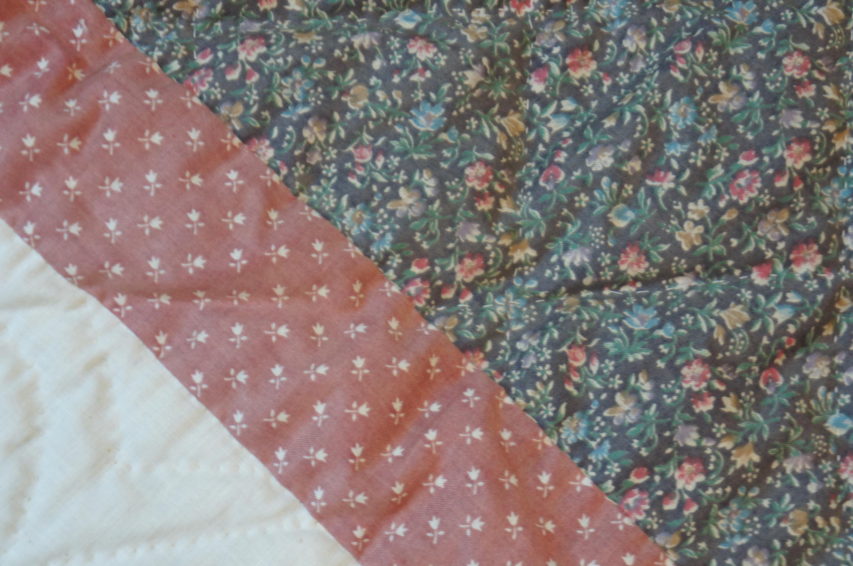 Vtg Hand Stitched Quilt Geometric Folk Art Tulips King Queen Blanket Bedspread For Sale 4