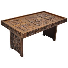 Hawaiian Figural Faces Carved Makana Hut Boho Chic Jungle Room Coffee Table