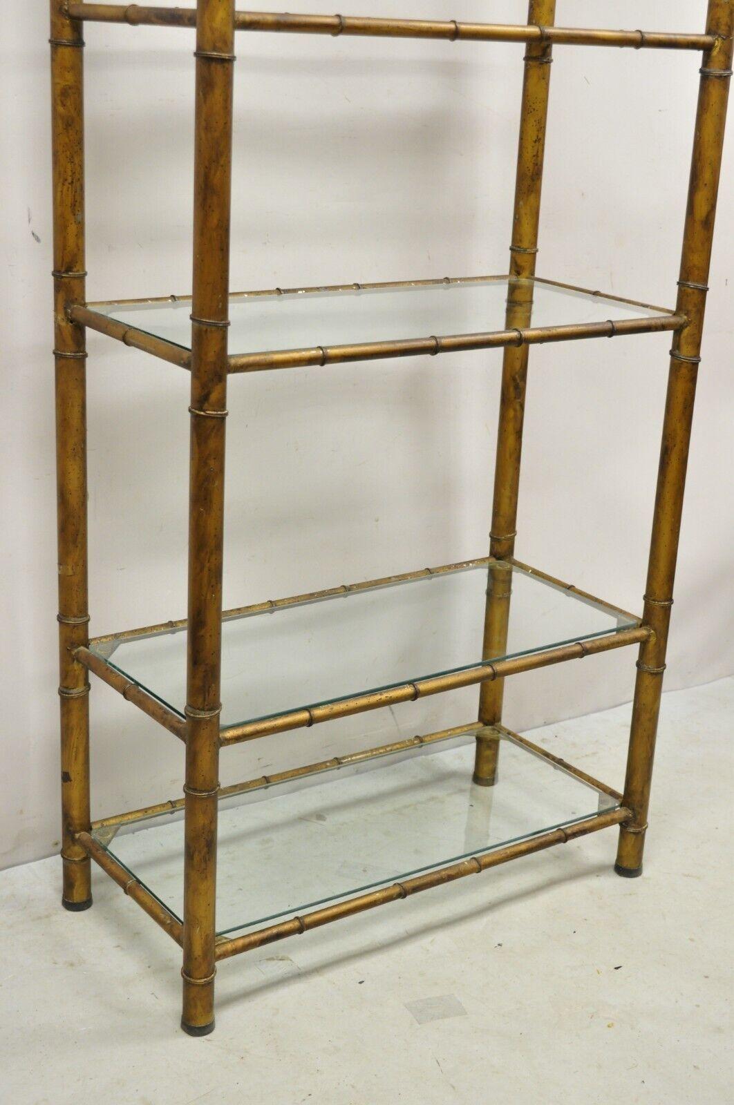 20th Century Vtg Hollywood Regency Faux Bamboo Steel Metal Gold 6 Tier Etagere Shelf Bookcase For Sale