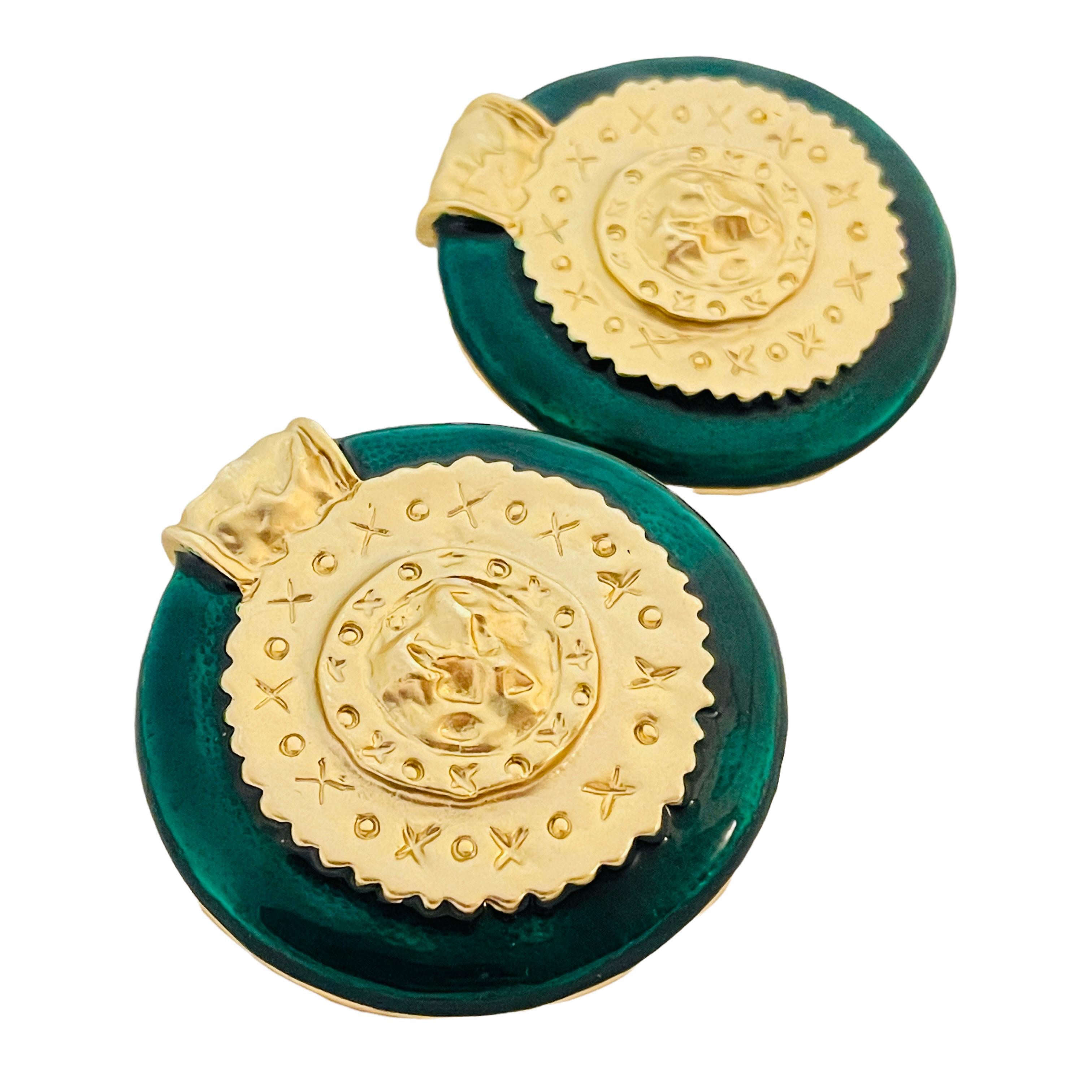 Women's or Men's Vtg huge gold green enamel clip on earrings designer runway For Sale
