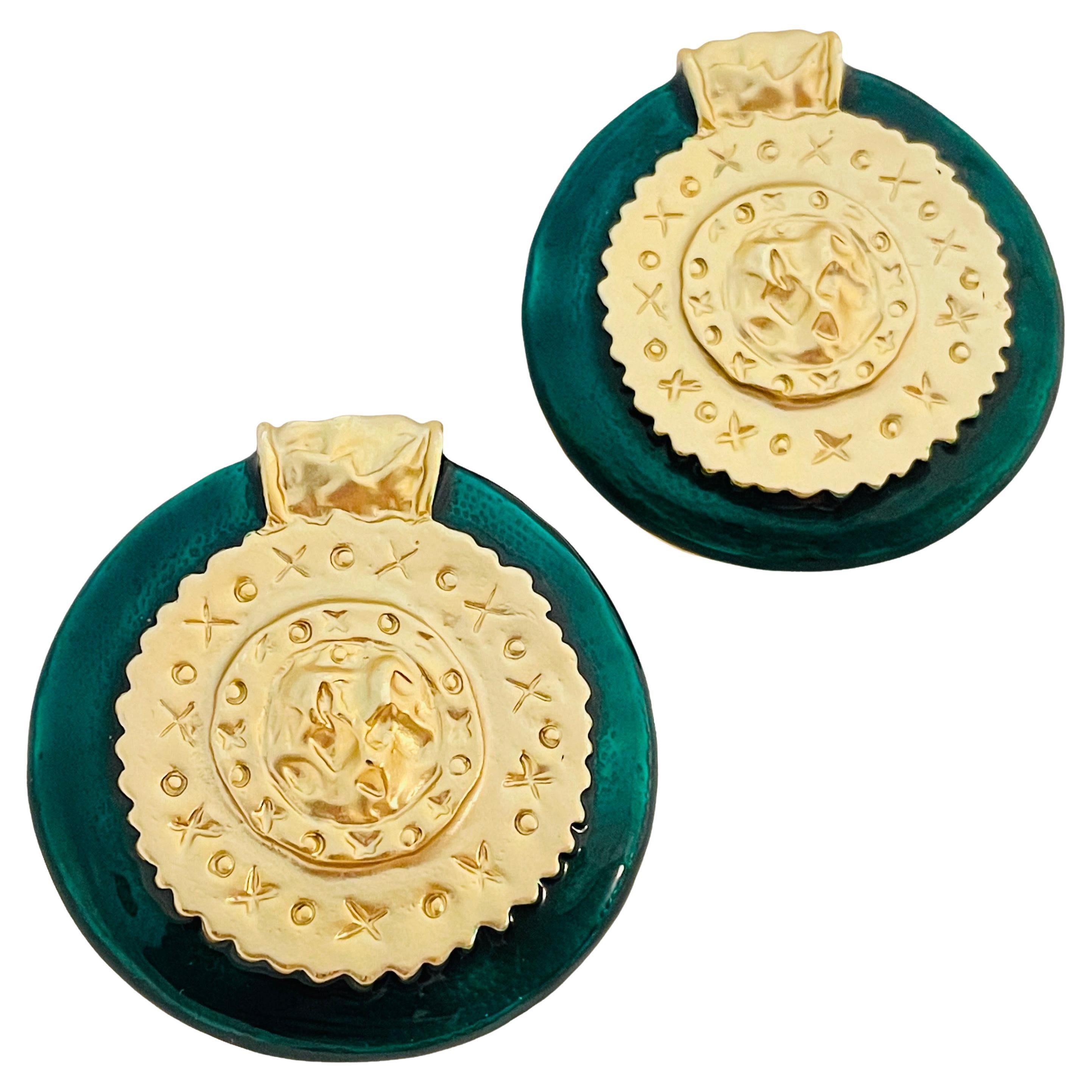 Vtg huge gold green enamel clip on earrings designer runway For Sale