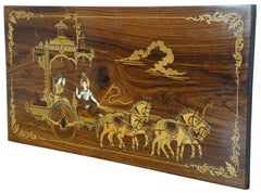 Vtg Indian Rosewood Inlaid Marquetry Krishna & Arjuna Hindu Chariot Panel