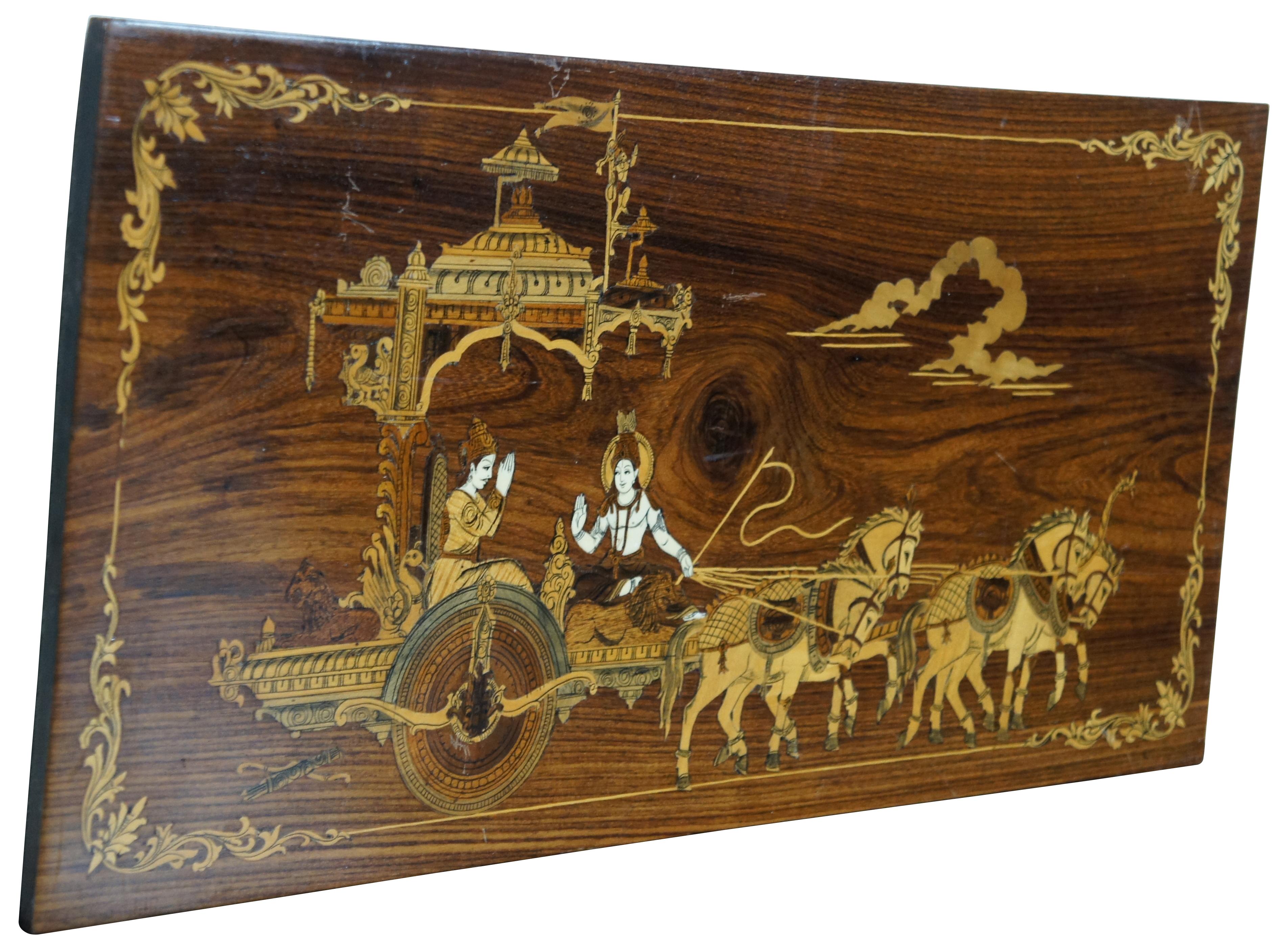 Vtg Indian Rosewood Inlaid Marquetry Krishna & Arjuna Hindu Chariot Panel In Good Condition In Dayton, OH