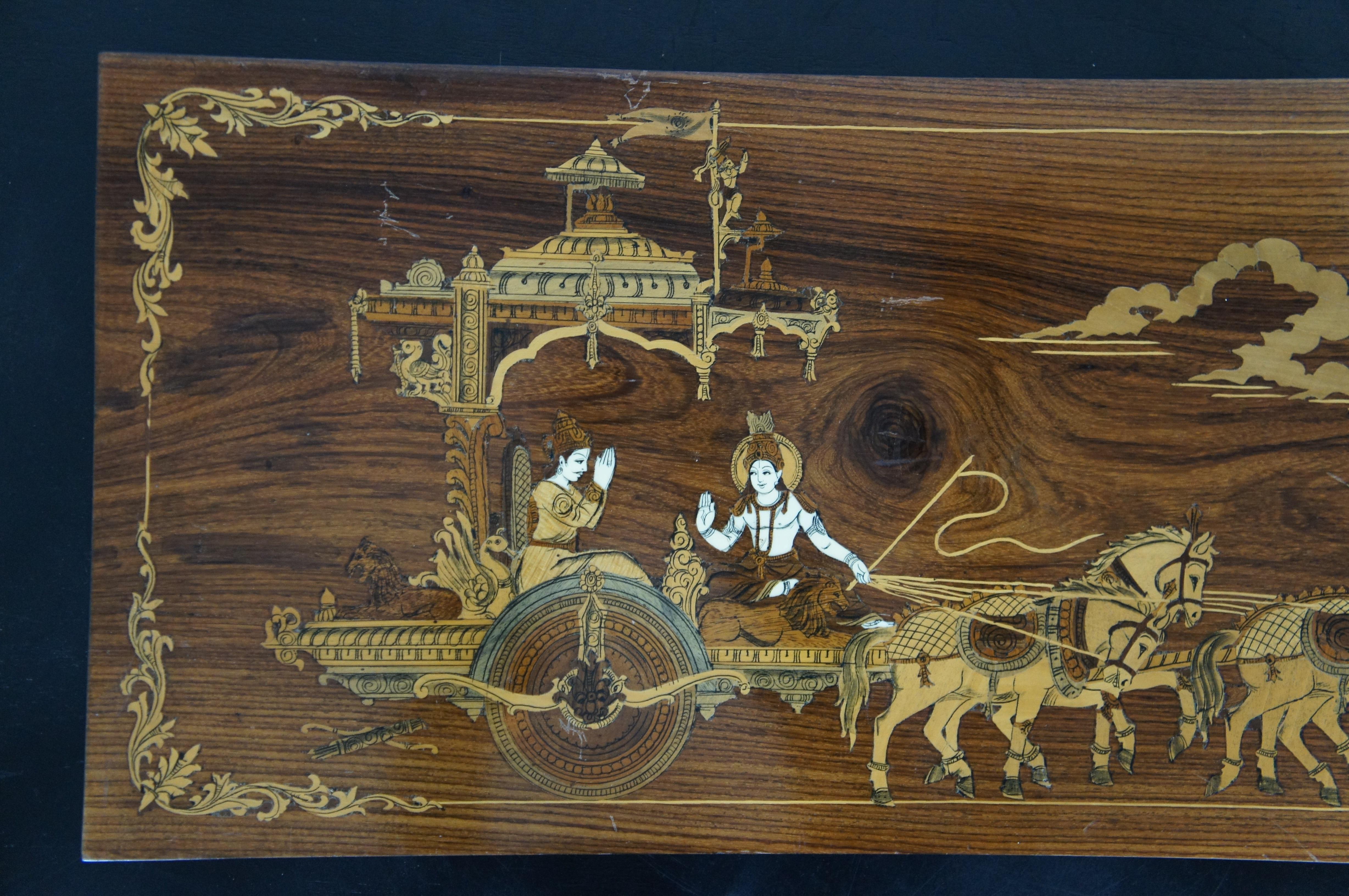 Hardwood Vtg Indian Rosewood Inlaid Marquetry Krishna & Arjuna Hindu Chariot Panel