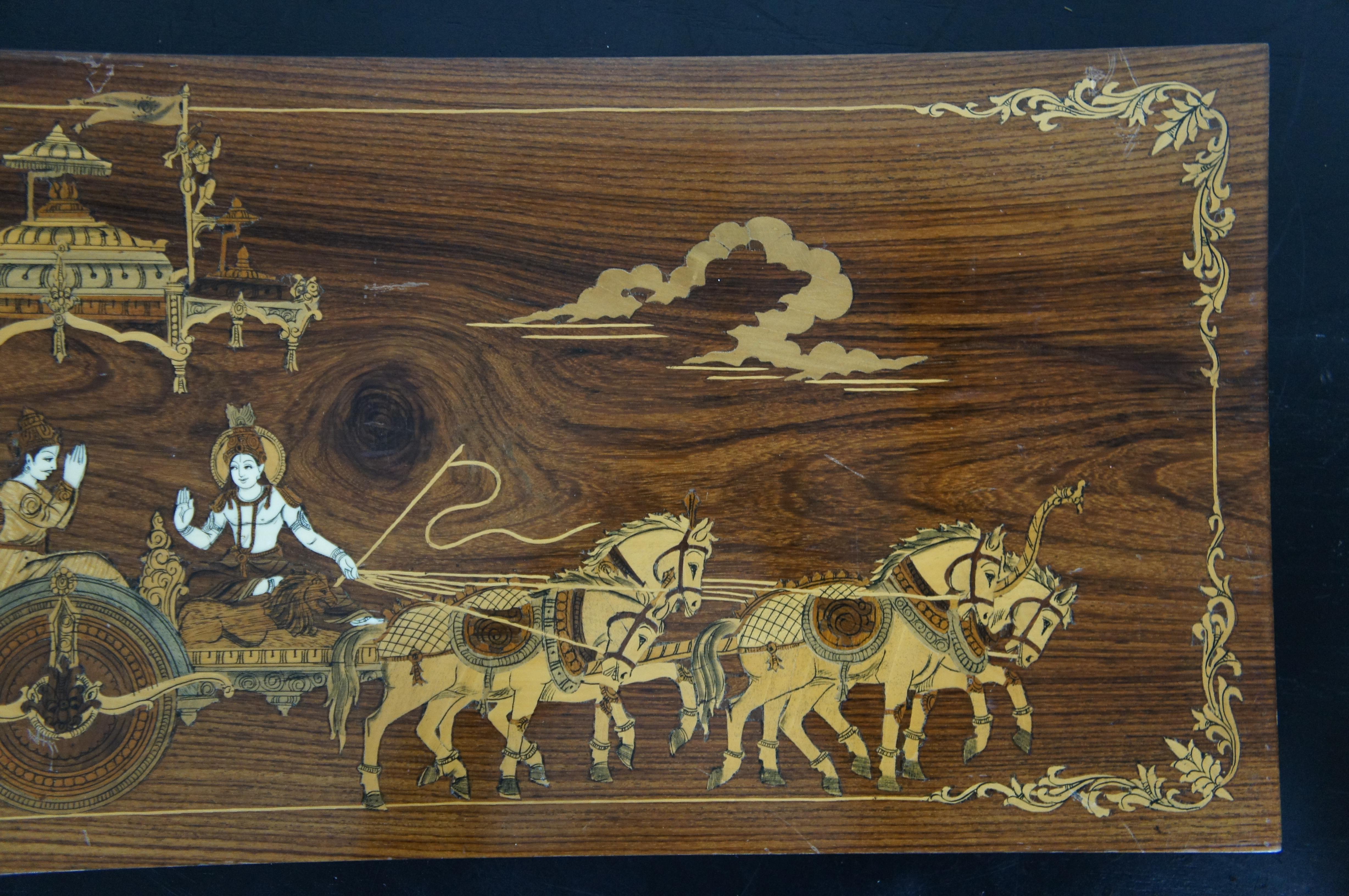 Vtg Indian Rosewood Inlaid Marquetry Krishna & Arjuna Hindu Chariot Panel 1