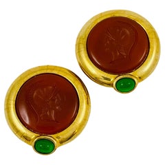 Vintage Vtg intaglio glass carnelian emerald Roman Centurion designer runway earrings