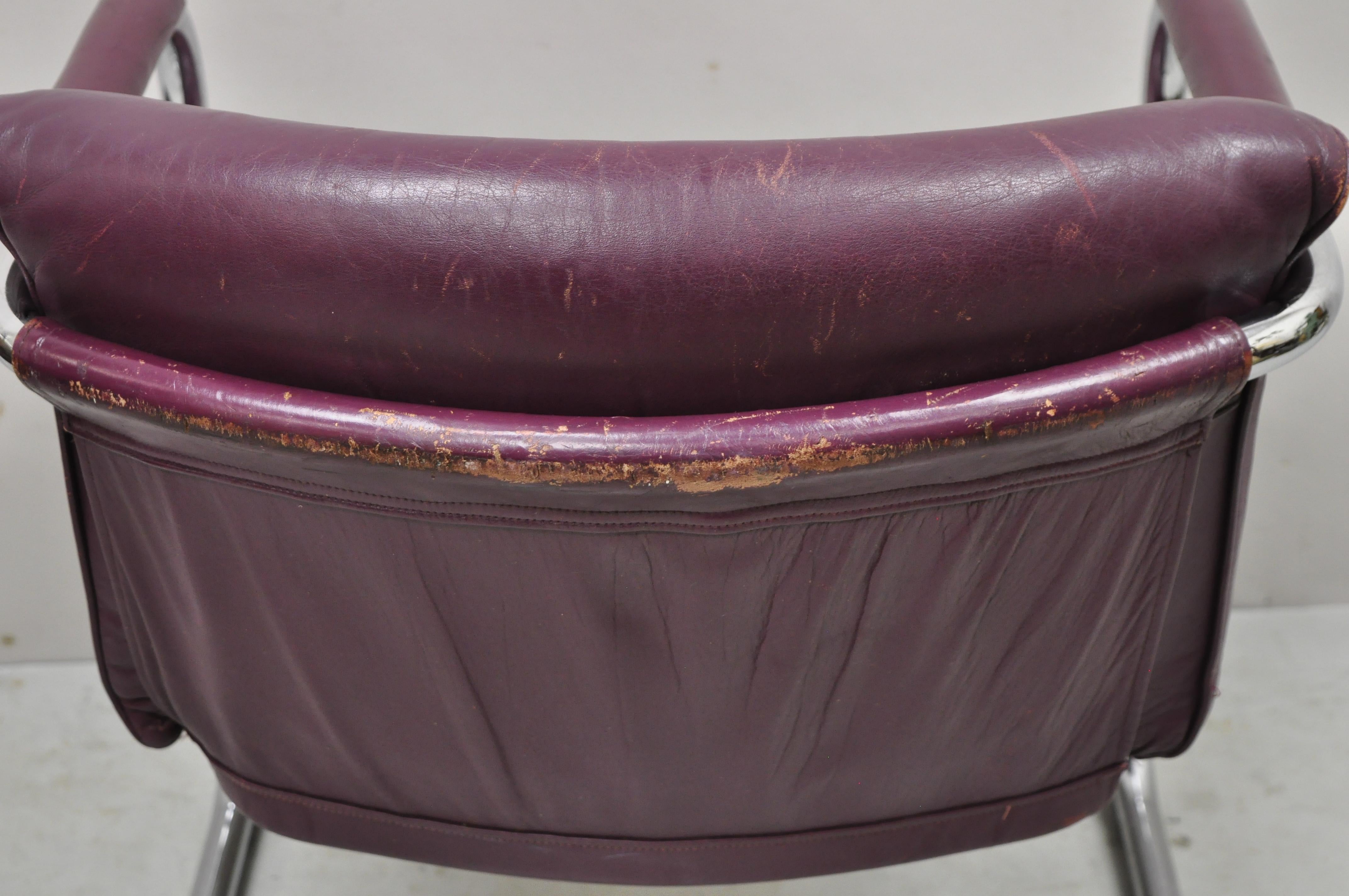Vtg IRE Furniture Skillingaryd Swedish Modern Purple Leather Sling Lounge Chair For Sale 4