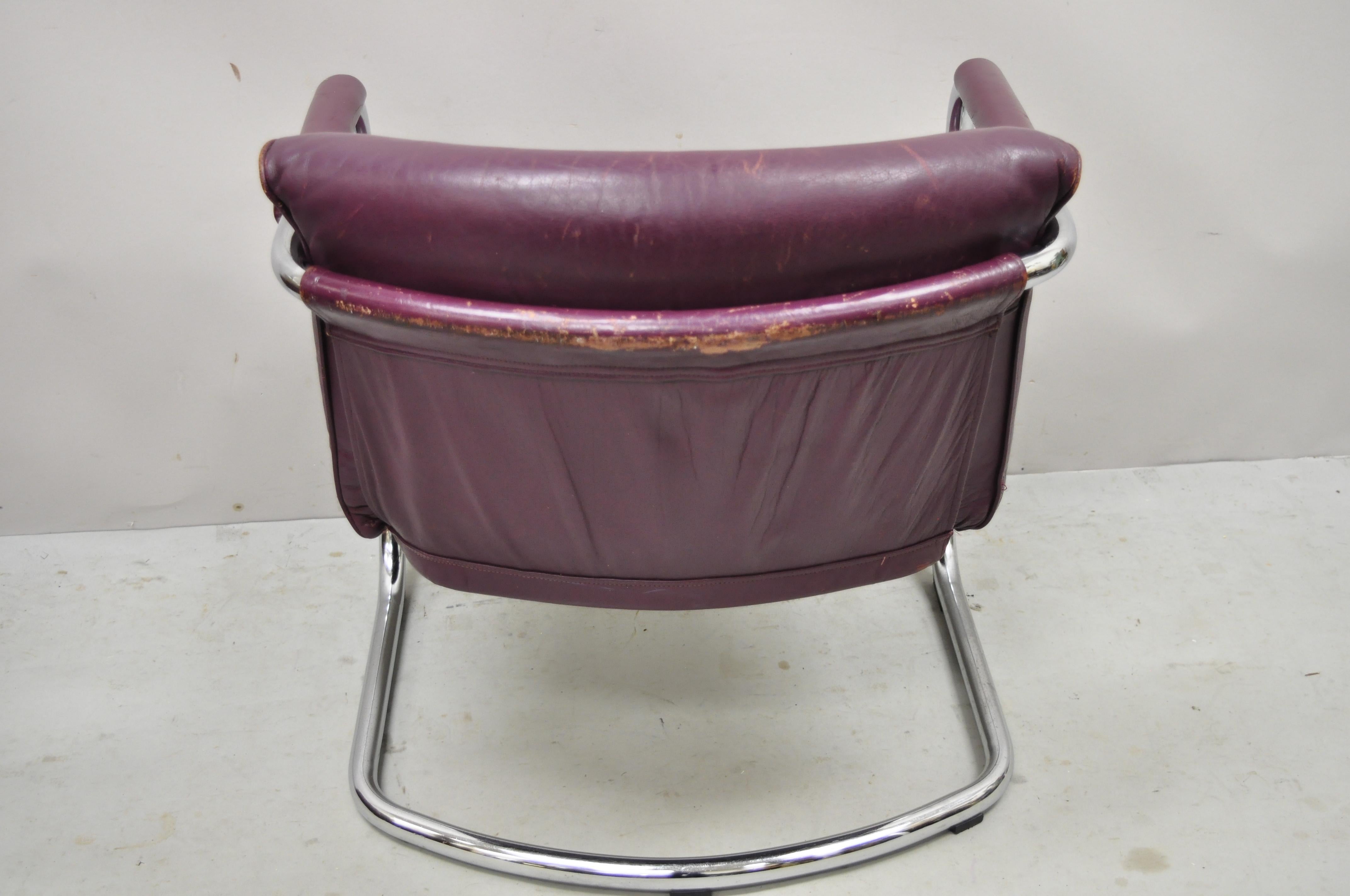 Vtg IRE Furniture Skillingaryd Swedish Modern Purple Leather Sling Lounge Chair For Sale 3