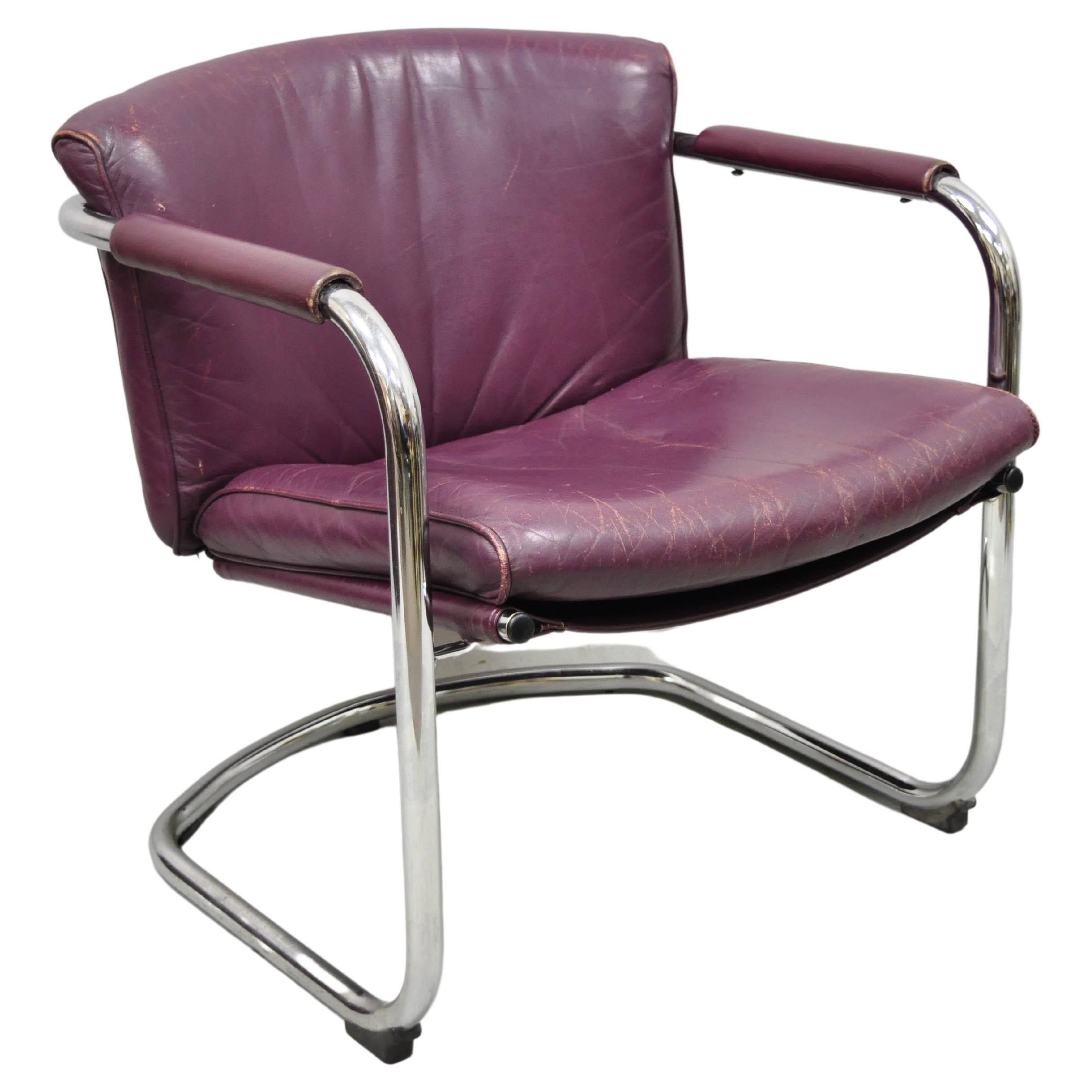 Vtg IRE Furniture Skillingaryd Swedish Modern Purple Leather Sling Lounge Chair