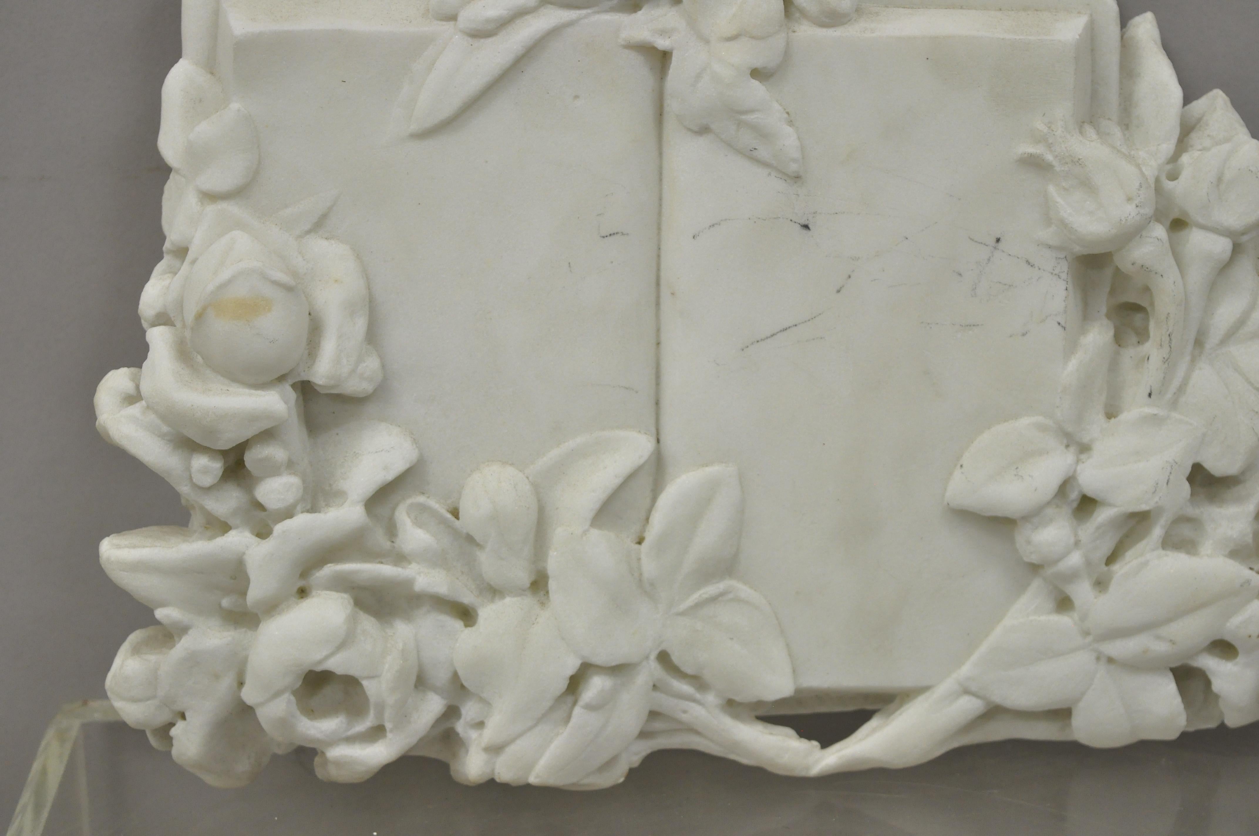 Victorian Vtg Italian Bas Relief Floral Carved Marble Sculptural Open Book Wall Plaque For Sale