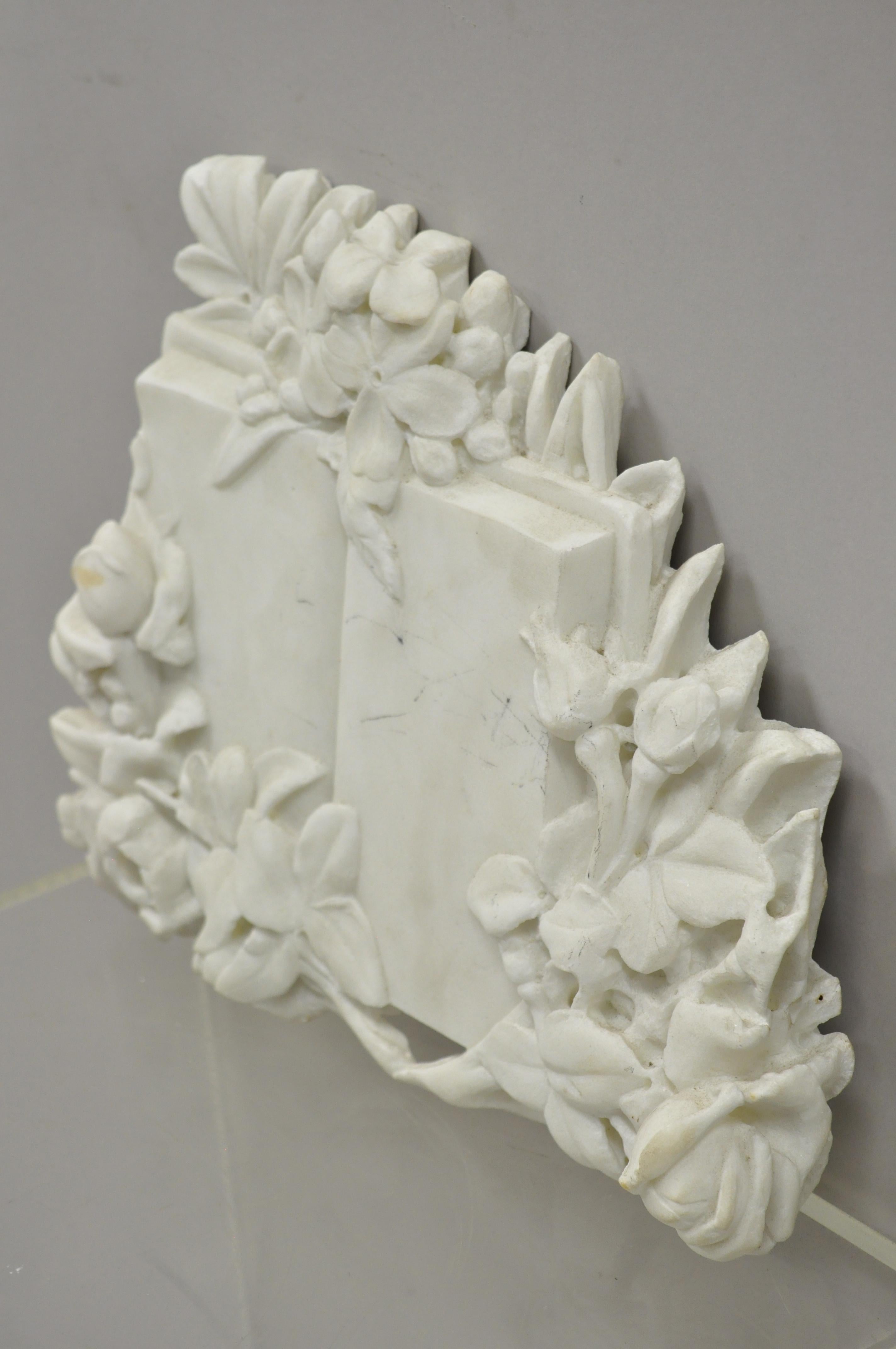 Vtg Italian Bas Relief Floral Carved Marble Sculptural Open Book Wall Plaque For Sale 1