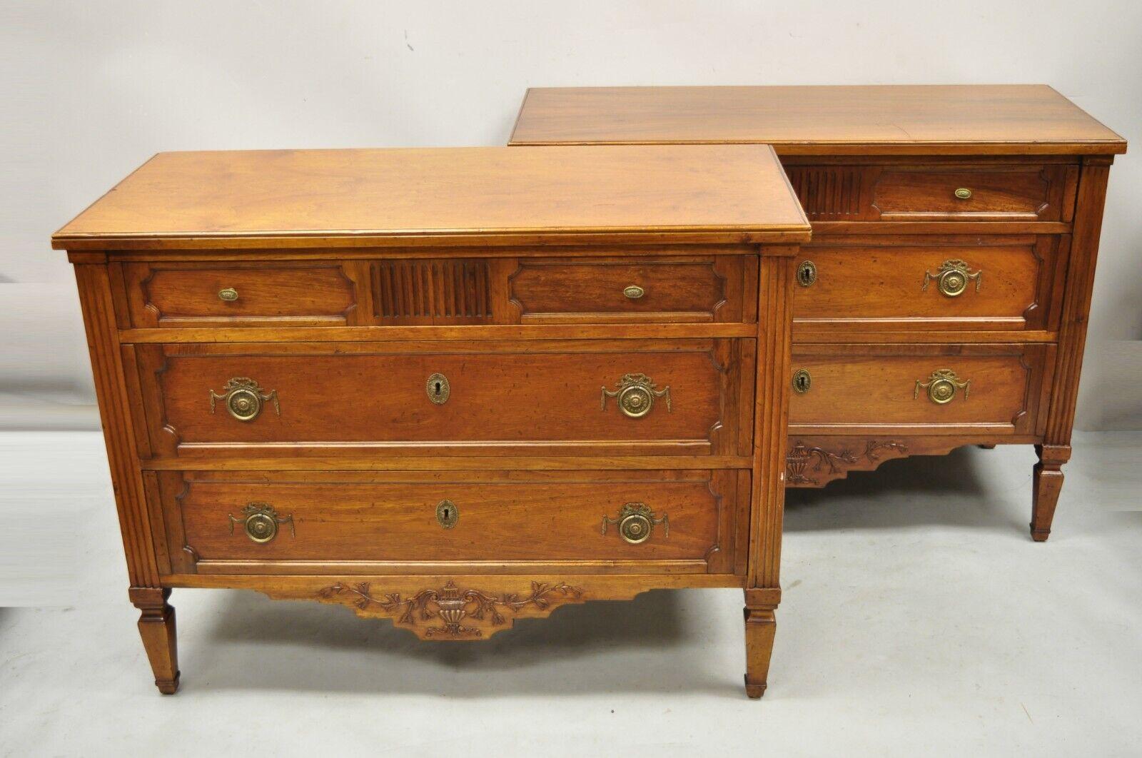  Vintage Italian Bloomingdales French Louis XVI Walnut Commode Chest Drawers - a Pair. Item features 3 dovetailed drawers, beautiful woodgrain, distressed finish, nicely carved details, original label, tapered legs, solid brass hardware, quality