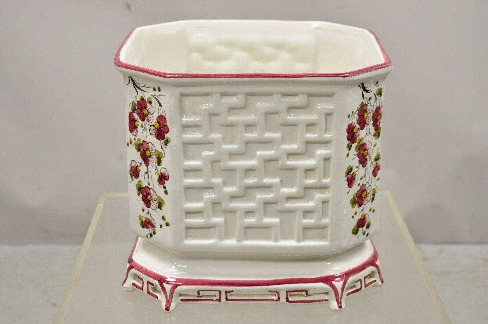 Vintage Italian Ceramic Octagonal Lattice Fretwork Pink Flower Garden Planter Pot. Item features lattice fretwork design, pink flower decoration, pierced fretwork base, stamped 