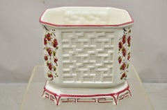 Vtg Italian Ceramic Octagonal Lattice Fretwork Pink Flower Garden Planter Pot