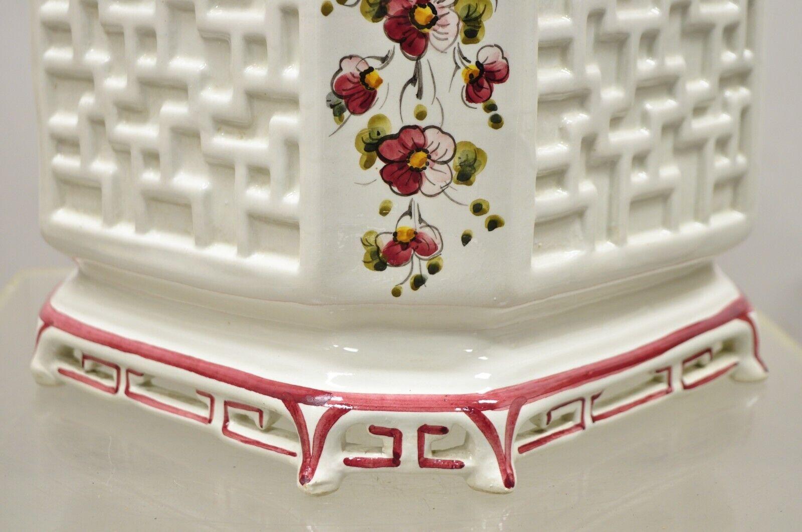 Vtg Italian Ceramic Octagonal Lattice Fretwork Pink Flower Garden Planter Pot For Sale 1