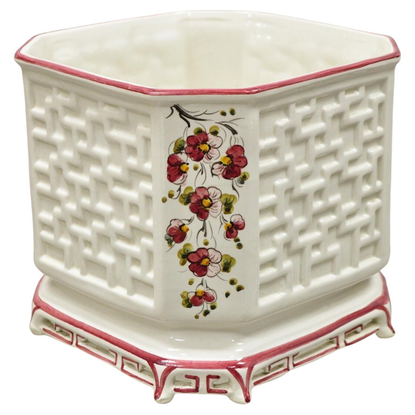 Vtg Italian Ceramic Octagonal Lattice Fretwork Pink Flower Garden Planter Pot For Sale