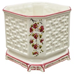 Used Vtg Italian Ceramic Octagonal Lattice Fretwork Pink Flower Garden Planter Pot