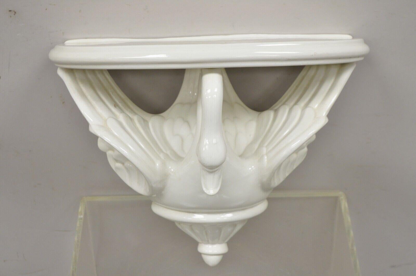 Vintage Italian ceramic white swan bird form regency style wall bracket wall shelf. Circa mid 20th century. Measurements: 12.5
