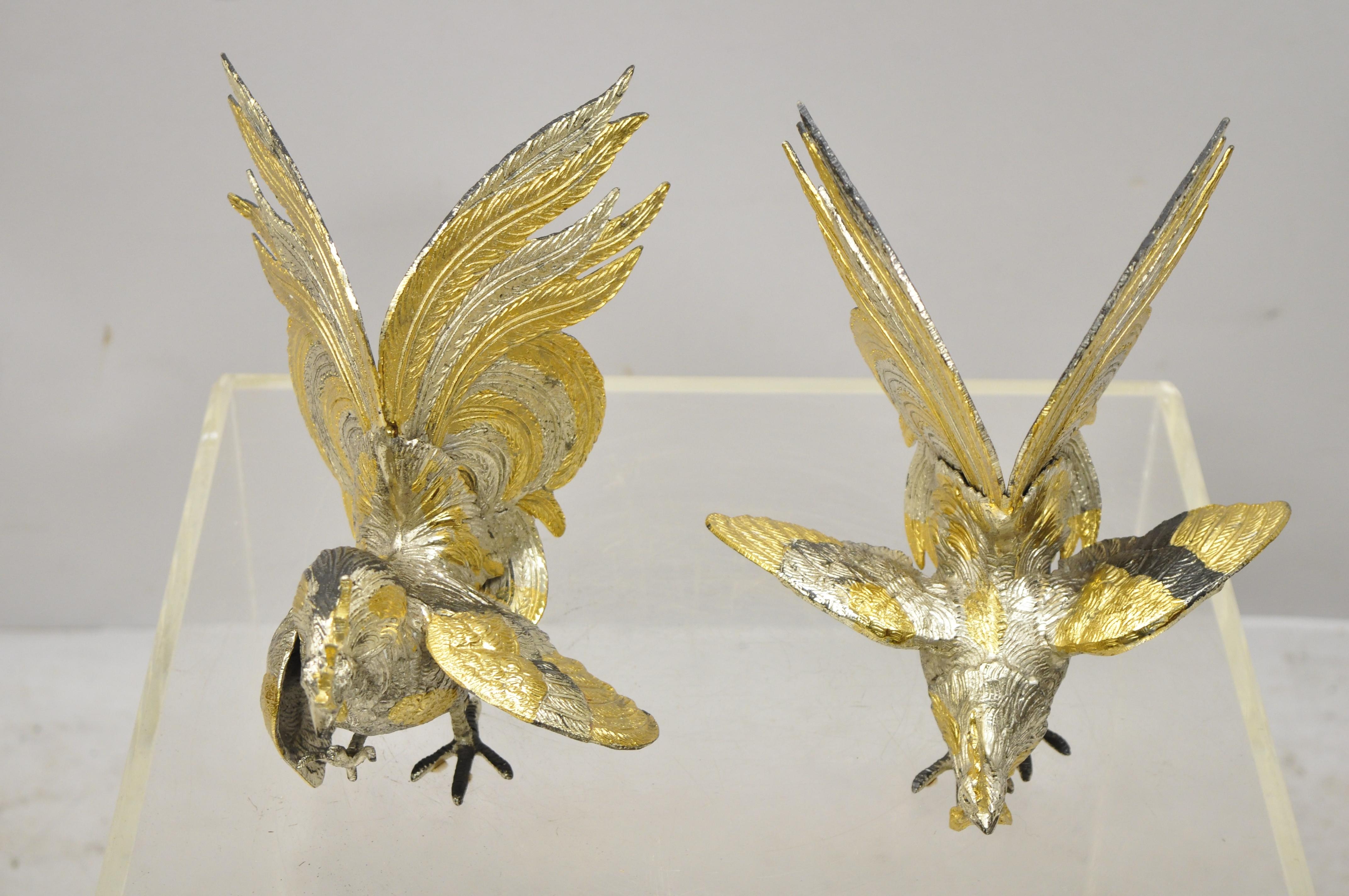 Italian Gold Silver Gilt Metal Cock Fight Fighting Rooster Figurines, Pair 2