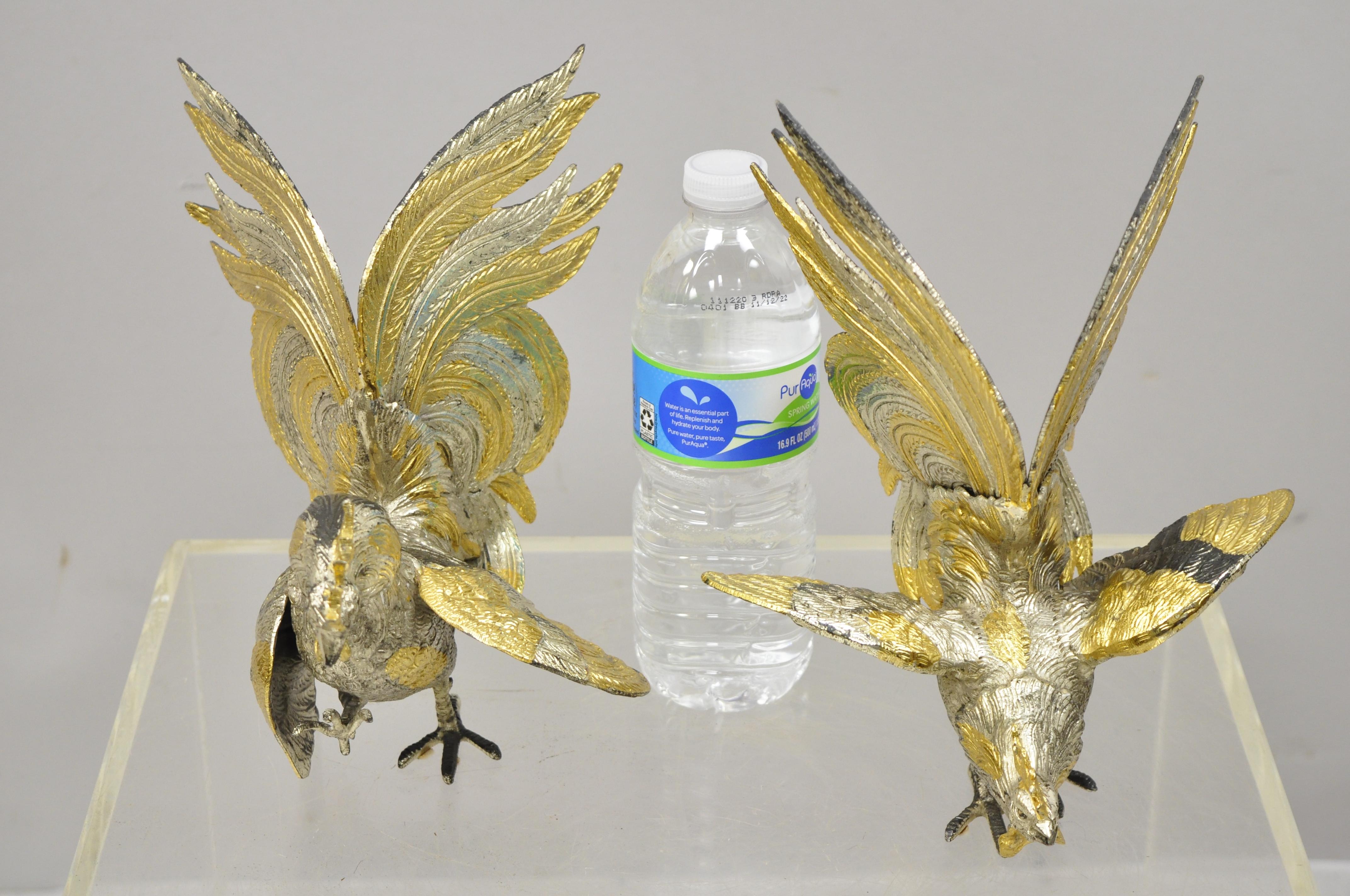 Italian Gold Silver Gilt Metal Cock Fight Fighting Rooster Figurines, Pair In Good Condition In Philadelphia, PA