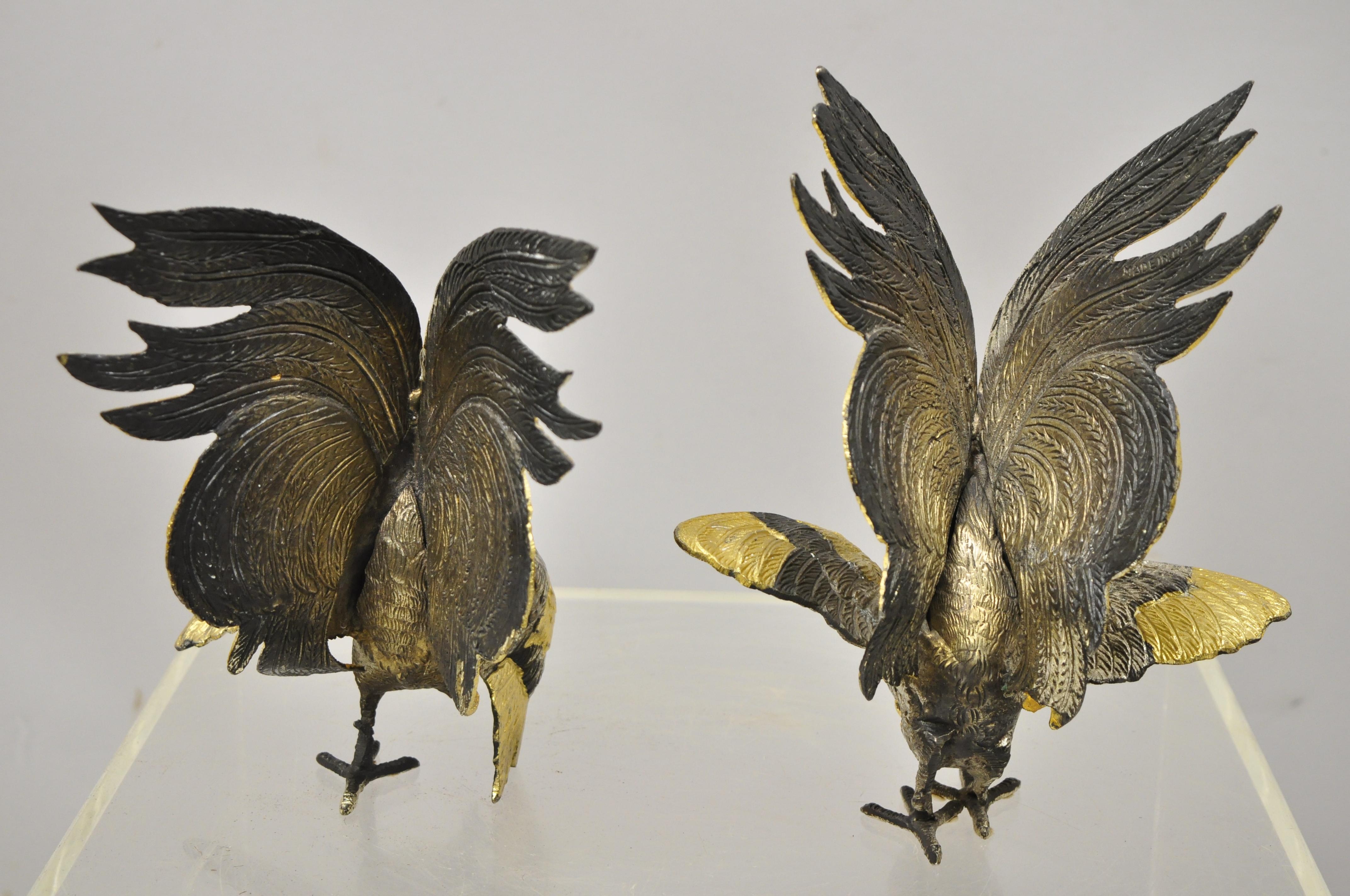 20th Century Italian Gold Silver Gilt Metal Cock Fight Fighting Rooster Figurines, Pair