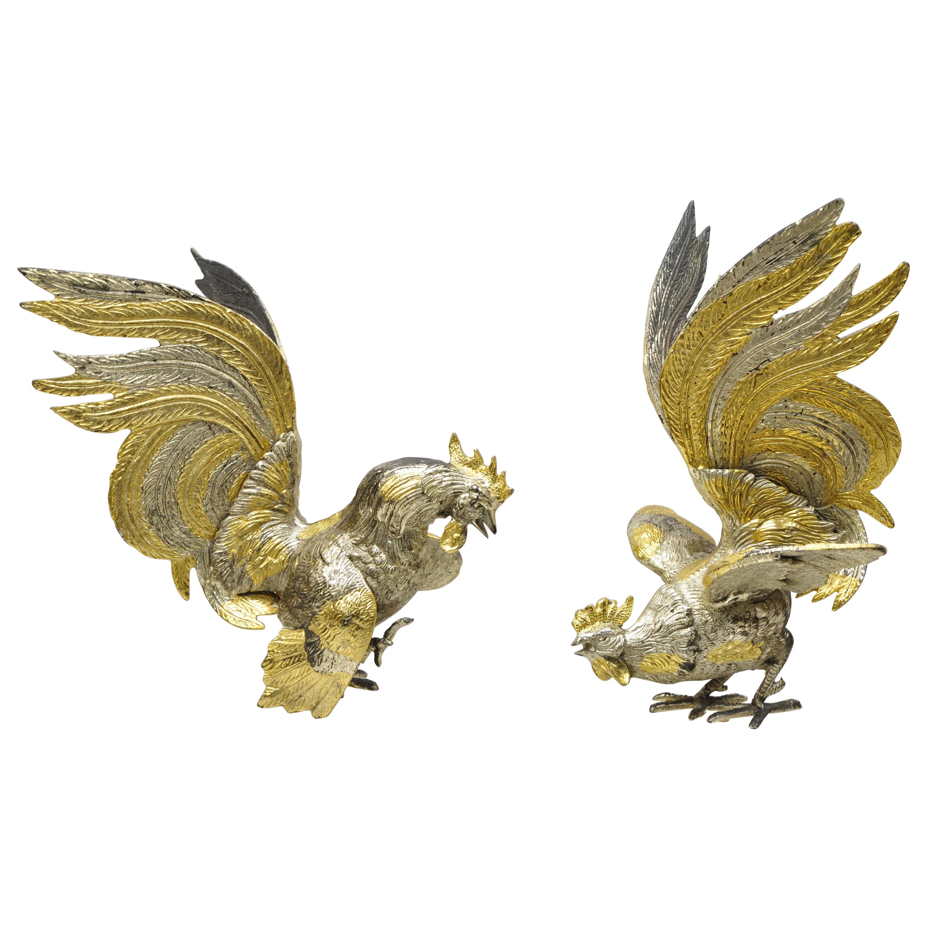 Italian Gold Silver Gilt Metal Cock Fight Fighting Rooster Figurines, Pair