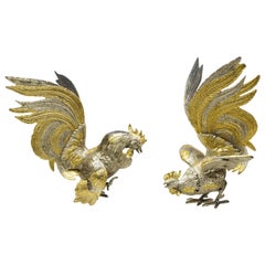 Italian Gold Silver Gilt Metal Cock Fight Fighting Rooster Figurines, Pair