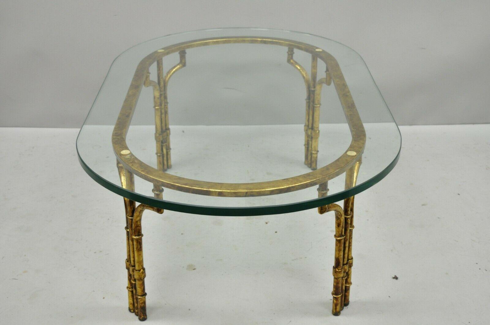 Italian Hollywood Regency Faux Bamboo Oval Glass Gold Gilt Iron Coffee Table 2