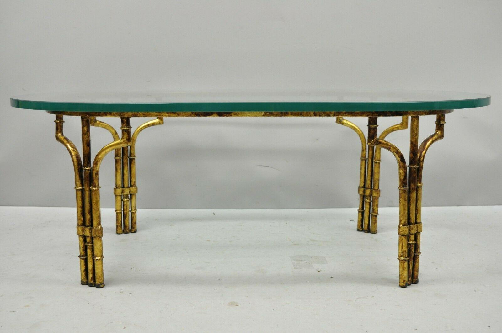 Italian Hollywood Regency Faux Bamboo Oval Glass Gold Gilt Iron Coffee Table 3