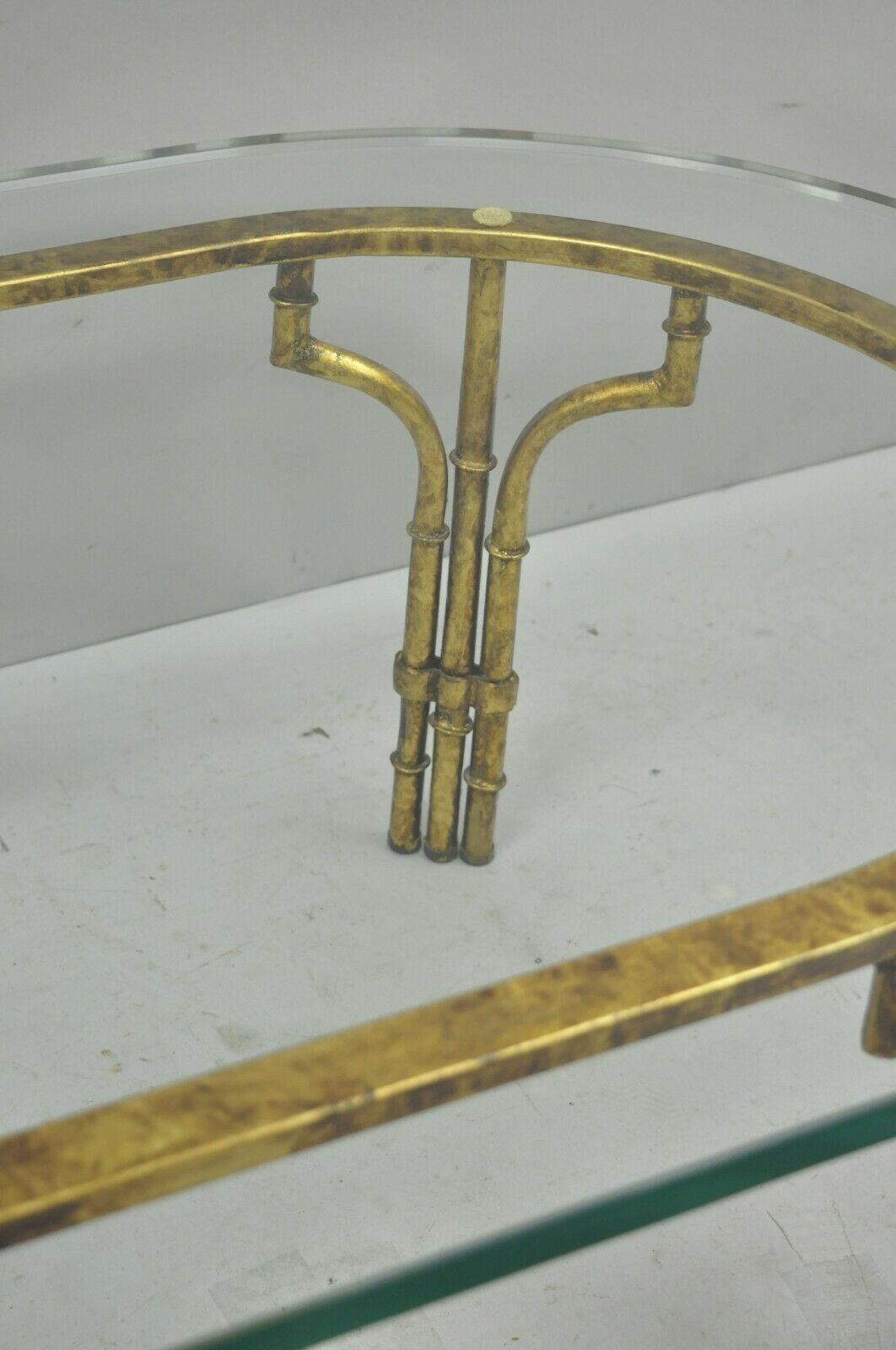 Italian Hollywood Regency Faux Bamboo Oval Glass Gold Gilt Iron Coffee Table In Good Condition In Philadelphia, PA