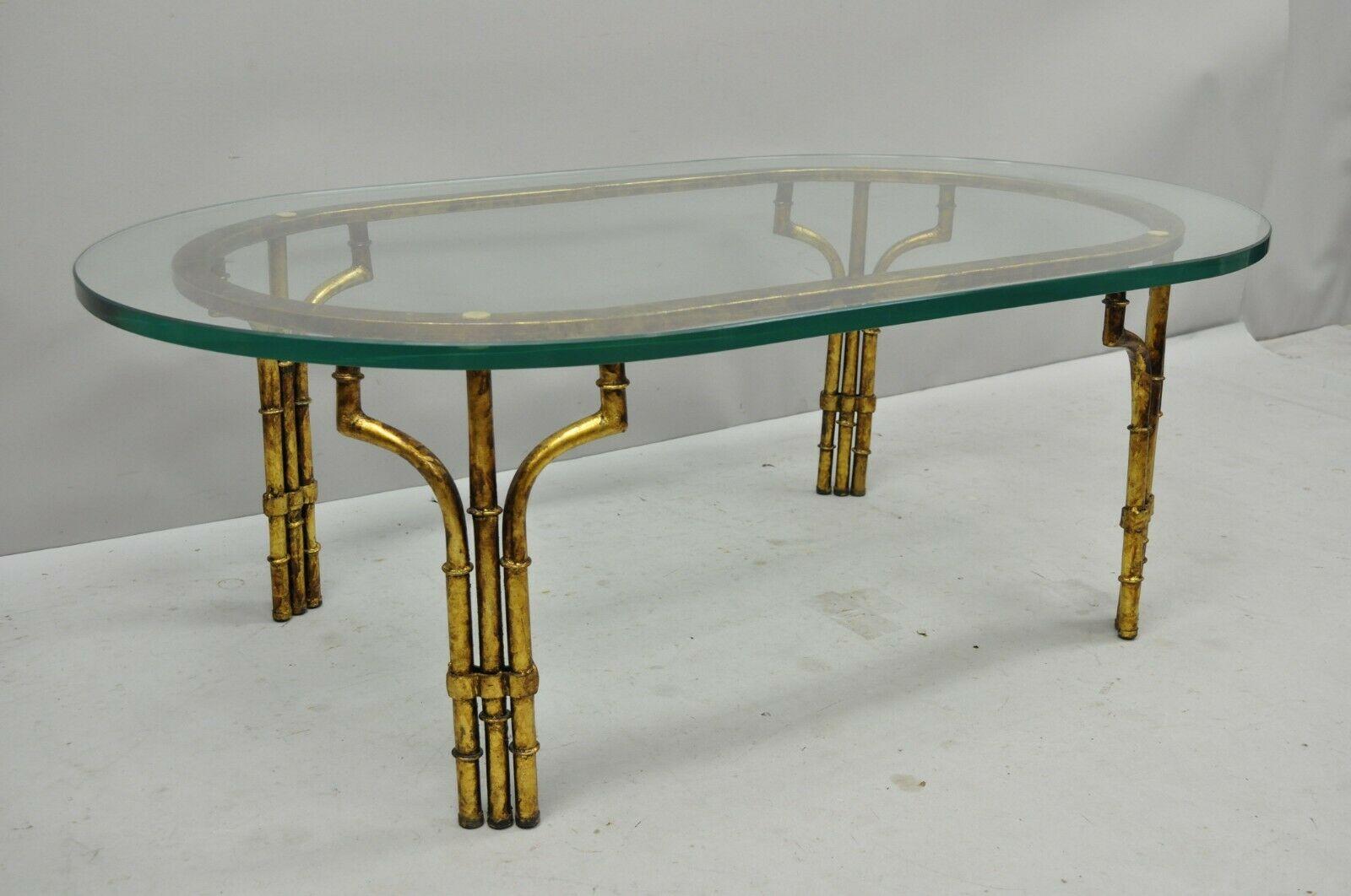 20th Century Italian Hollywood Regency Faux Bamboo Oval Glass Gold Gilt Iron Coffee Table
