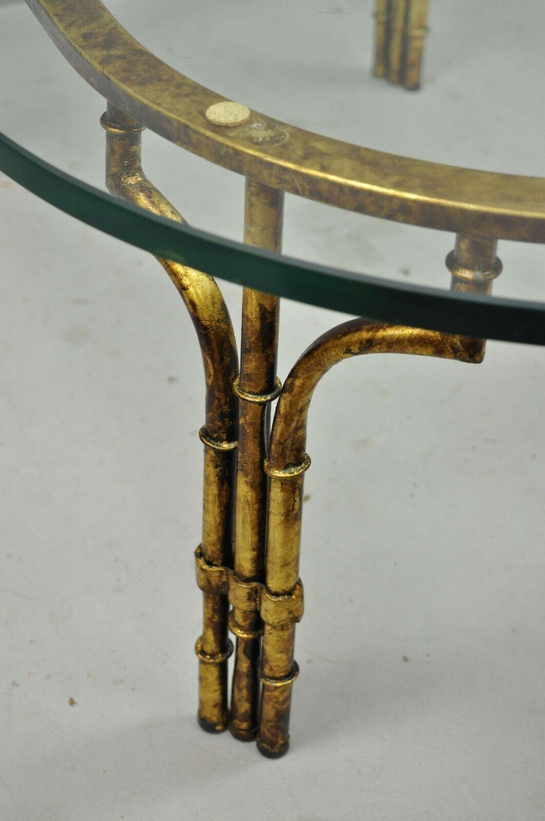 Metal Italian Hollywood Regency Faux Bamboo Oval Glass Gold Gilt Iron Coffee Table