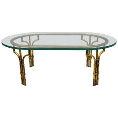 Italian Hollywood Regency Faux Bamboo Oval Glass Gold Gilt Iron Coffee Table