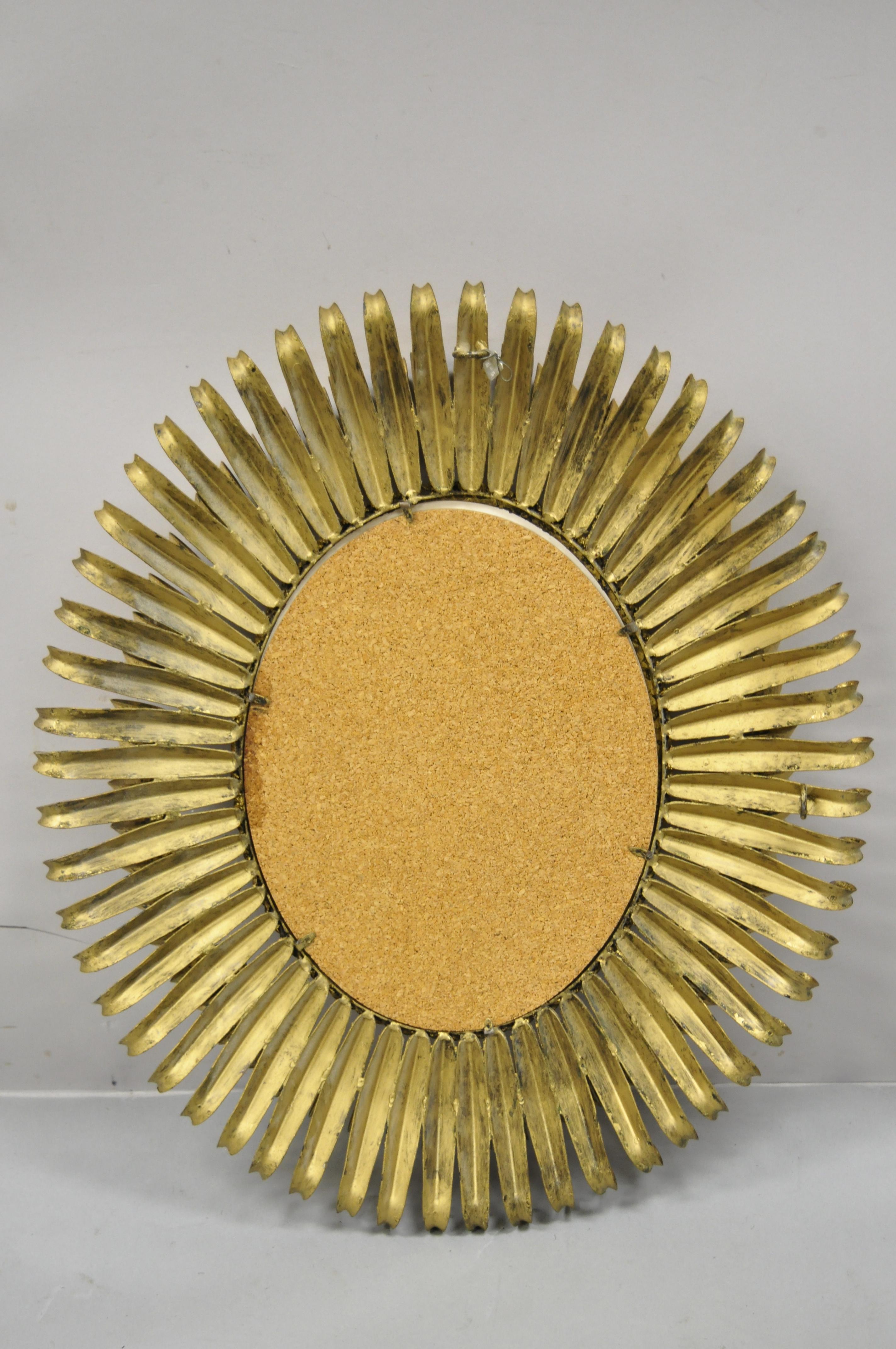 Vtg Italian Hollywood Regency Gold Gilt Iron Metal Oval Sunburst Wall Mirror For Sale 3