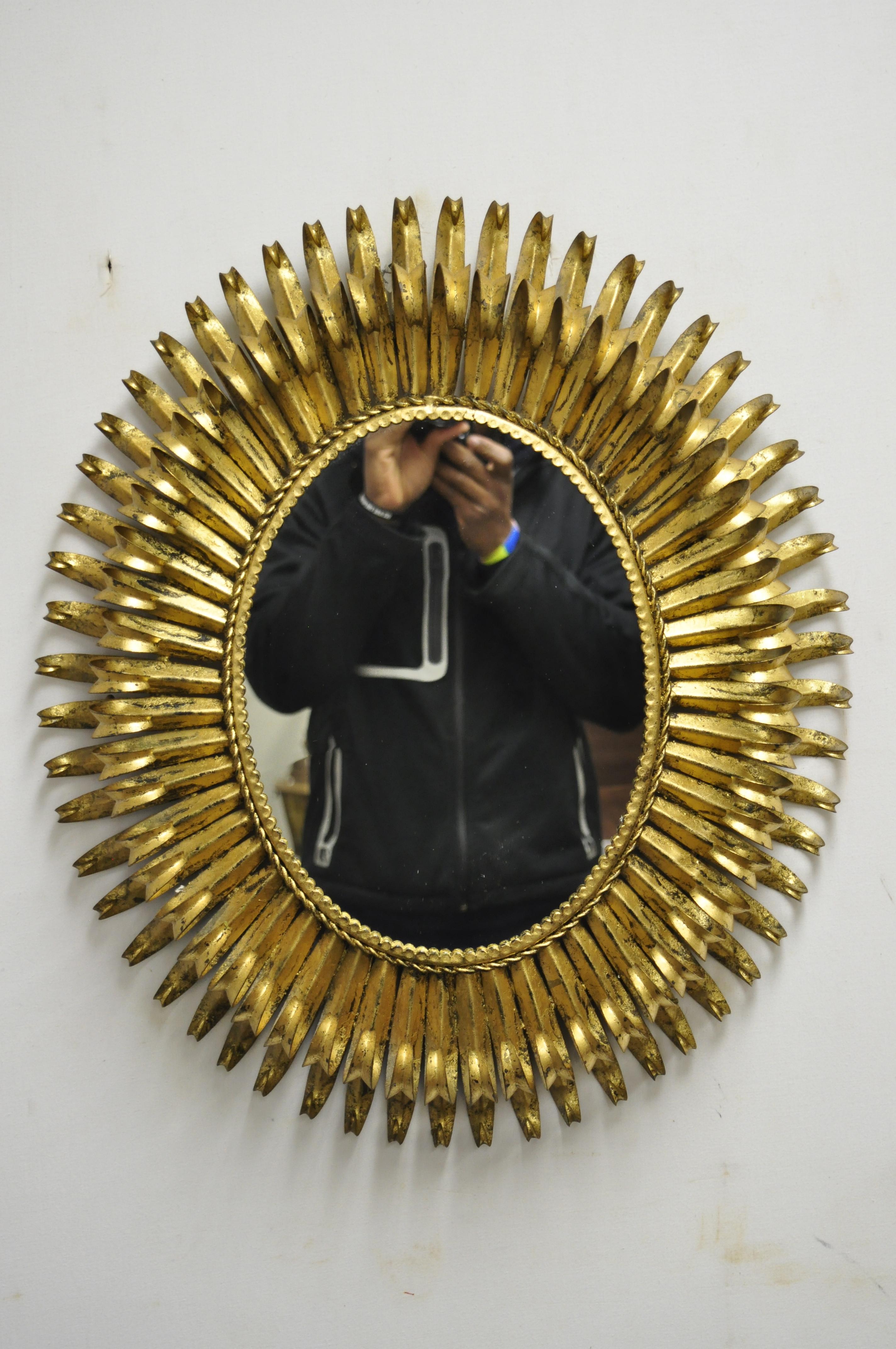 Vtg Italian Hollywood Regency Gold Gilt Iron Metal Oval Sunburst Wall Mirror For Sale 4
