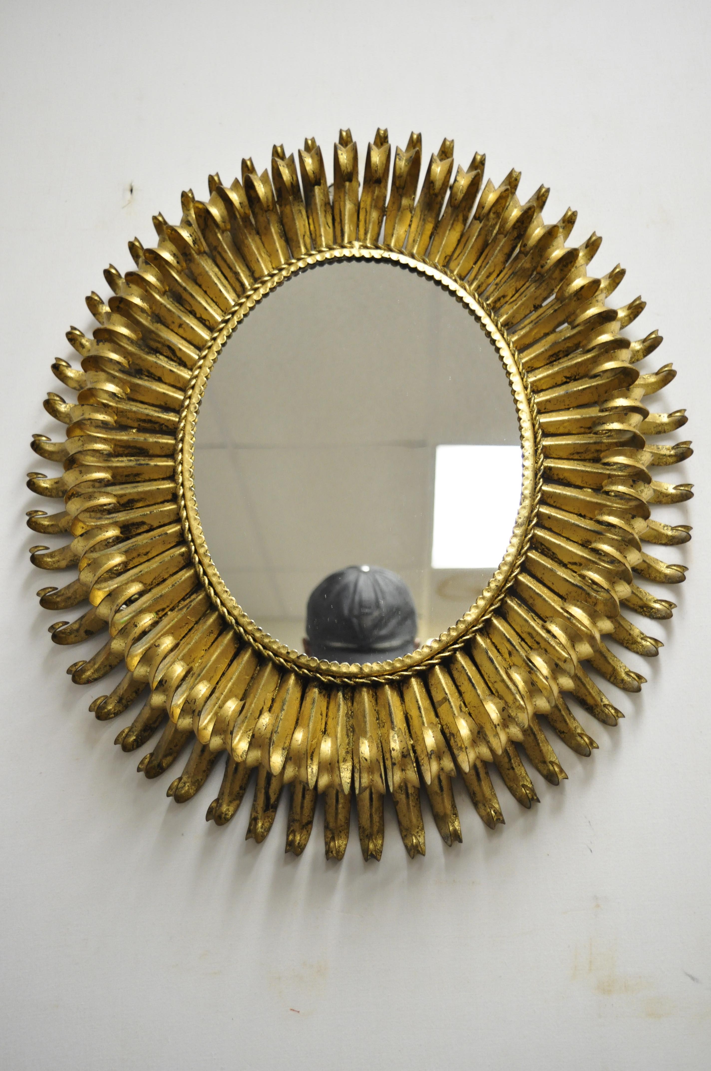 Vtg Italian Hollywood Regency Gold Gilt Iron Metal Oval Sunburst Wall Mirror For Sale 5