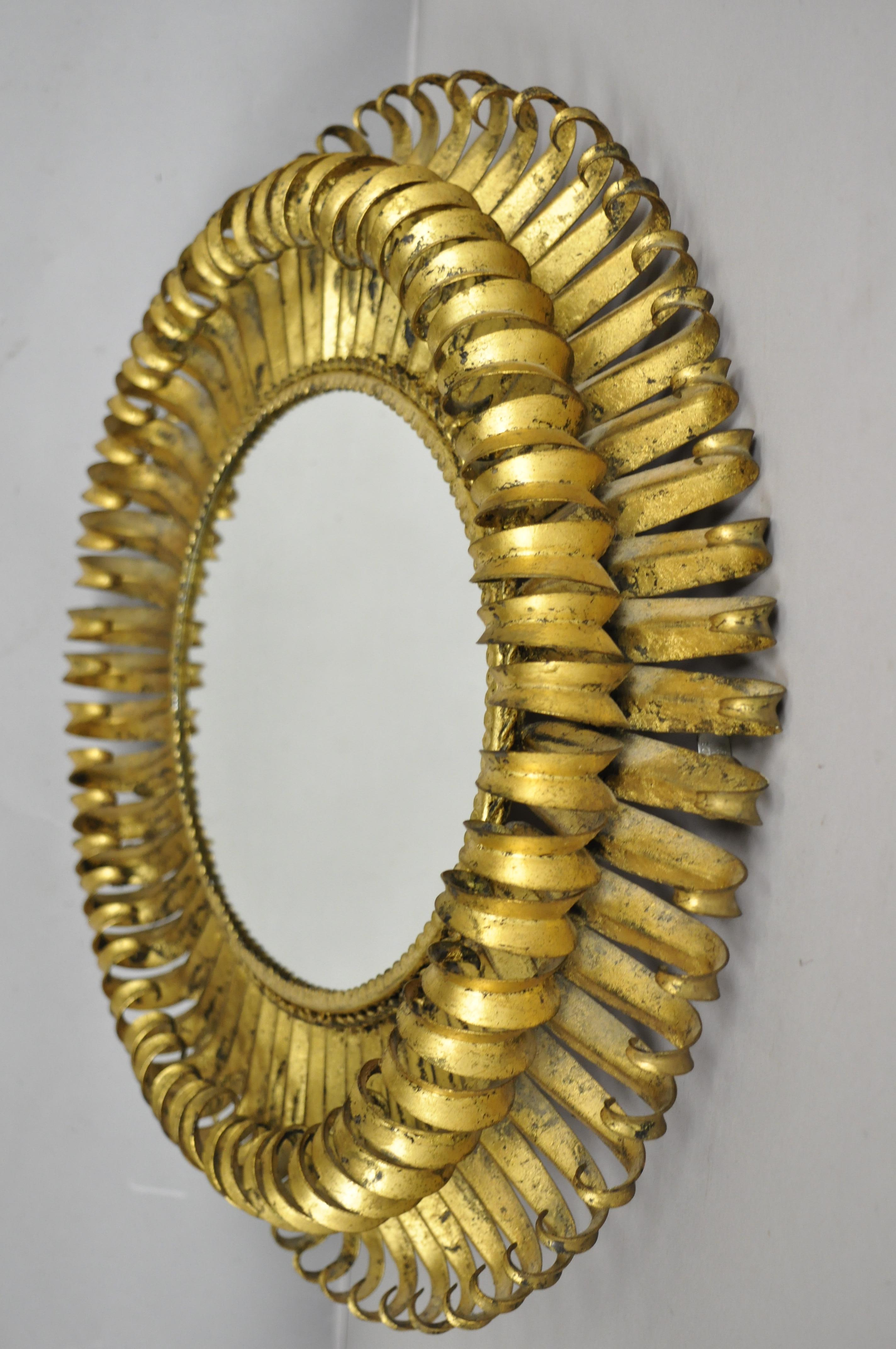 Adirondack Vtg Italian Hollywood Regency Gold Gilt Iron Metal Oval Sunburst Wall Mirror For Sale