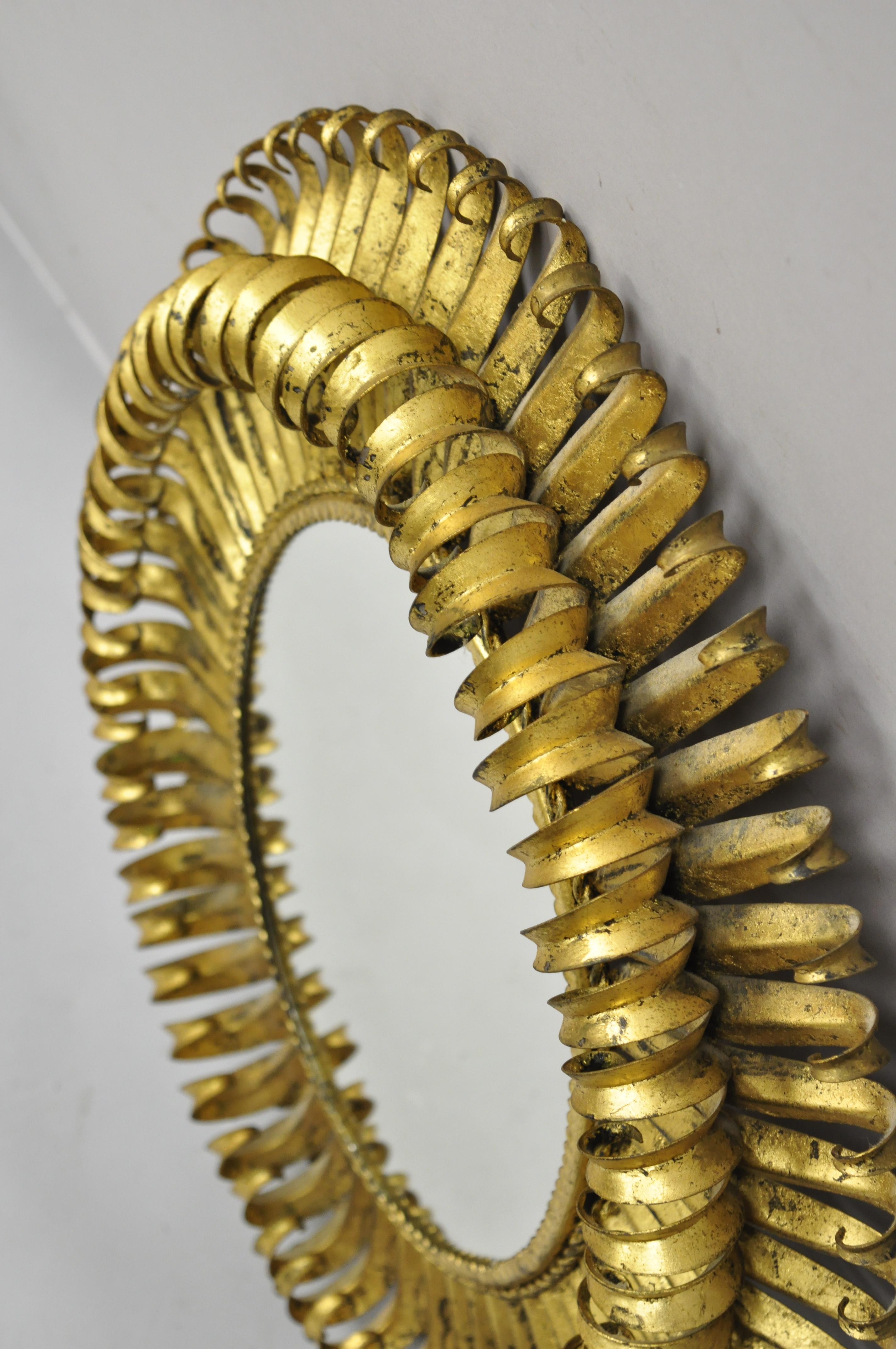 North American Vtg Italian Hollywood Regency Gold Gilt Iron Metal Oval Sunburst Wall Mirror For Sale