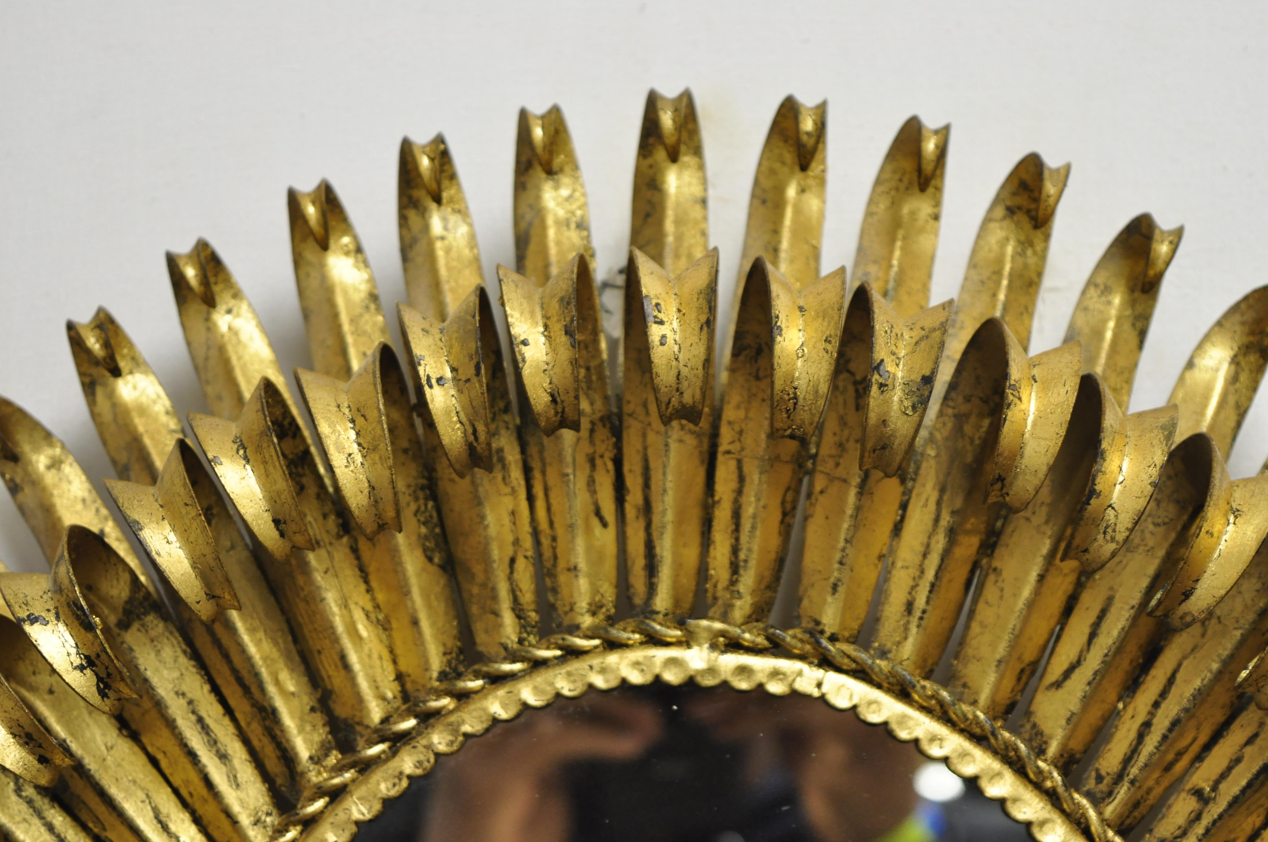20th Century Vtg Italian Hollywood Regency Gold Gilt Iron Metal Oval Sunburst Wall Mirror