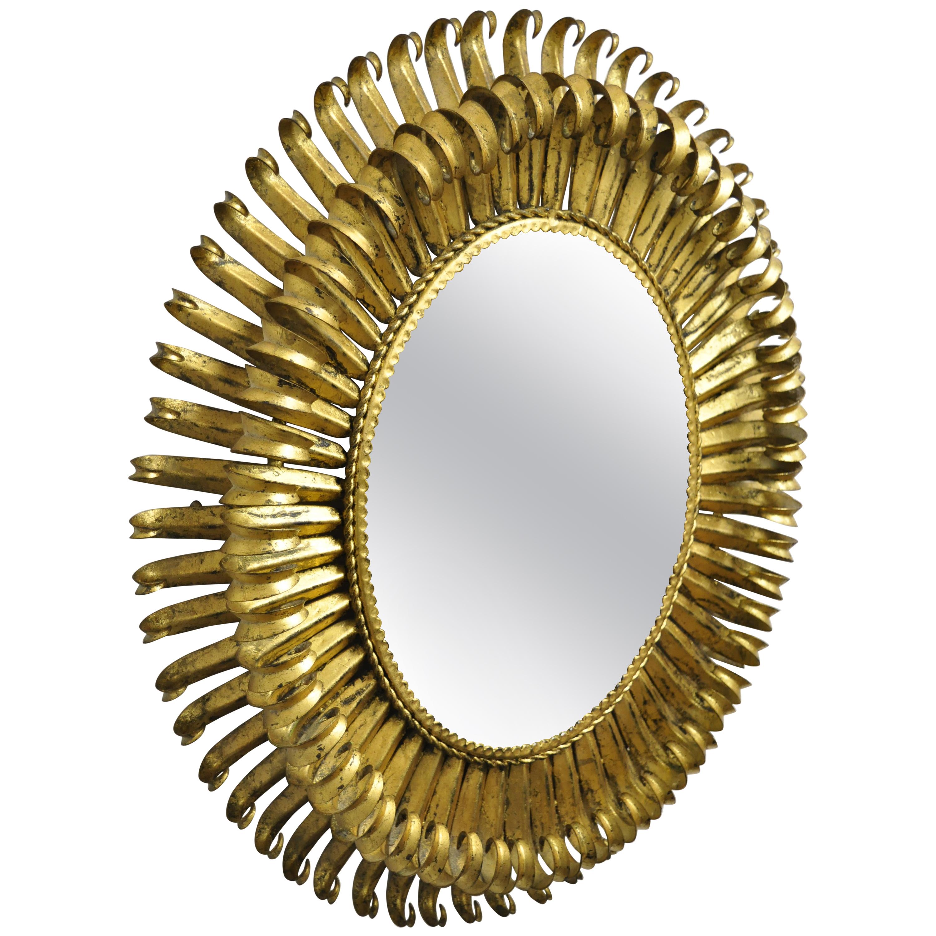 Vtg Italian Hollywood Regency Gold Gilt Iron Metal Oval Sunburst Wall Mirror For Sale